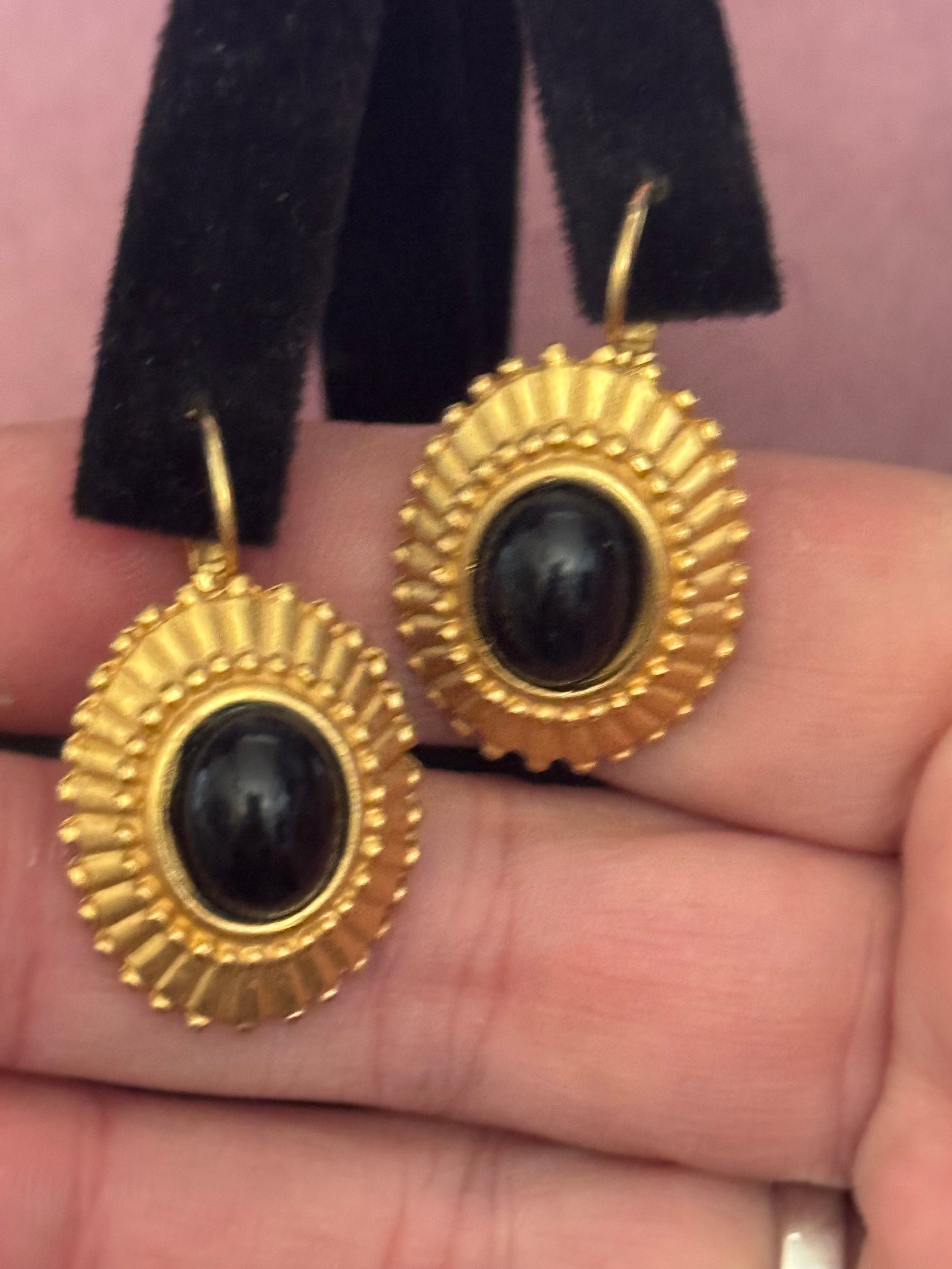 Signed Gold Ornate Black Cabochon Earrings: Etruscan Style