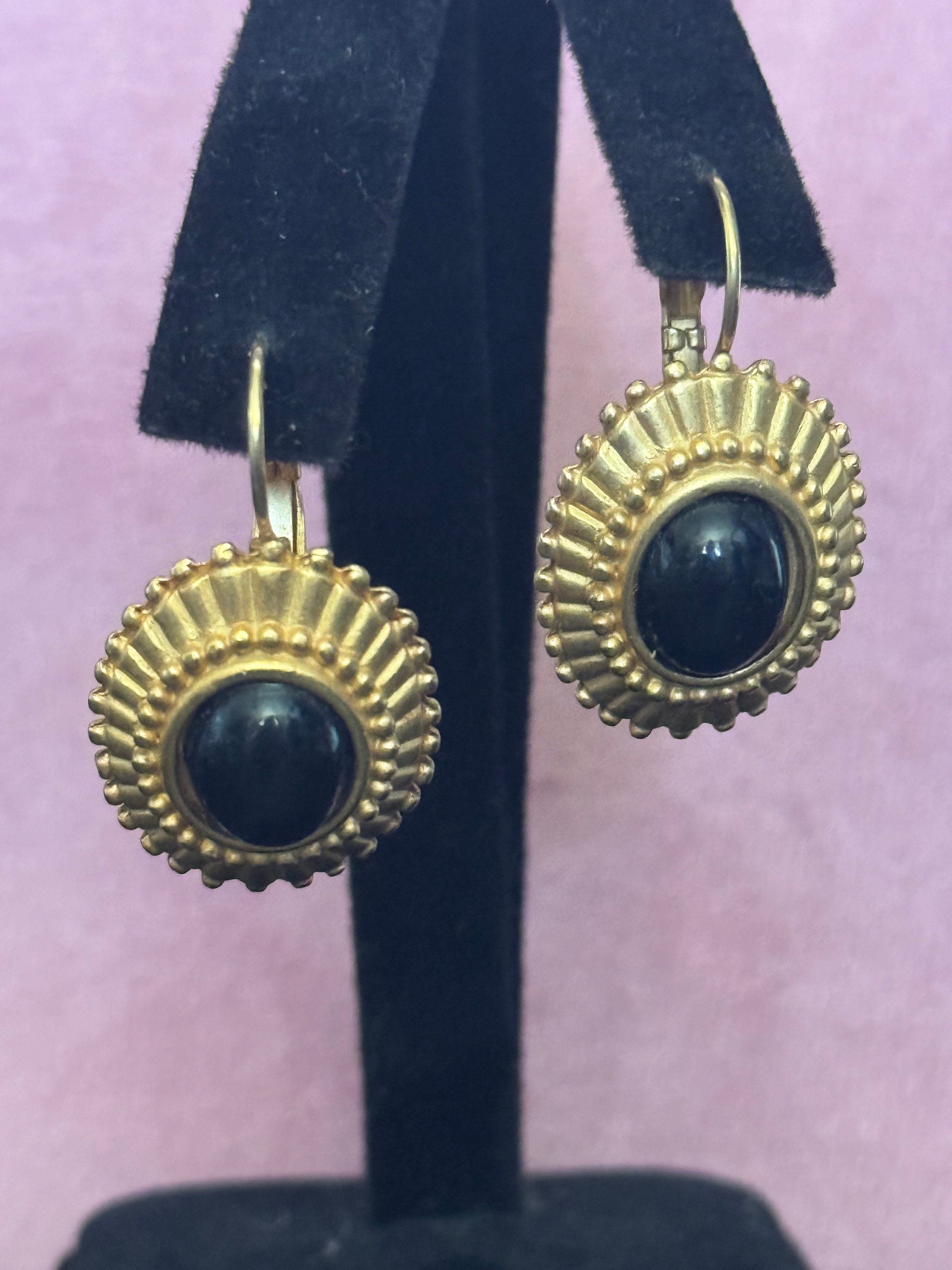 Signed Gold Ornate Black Cabochon Earrings: Etruscan Style