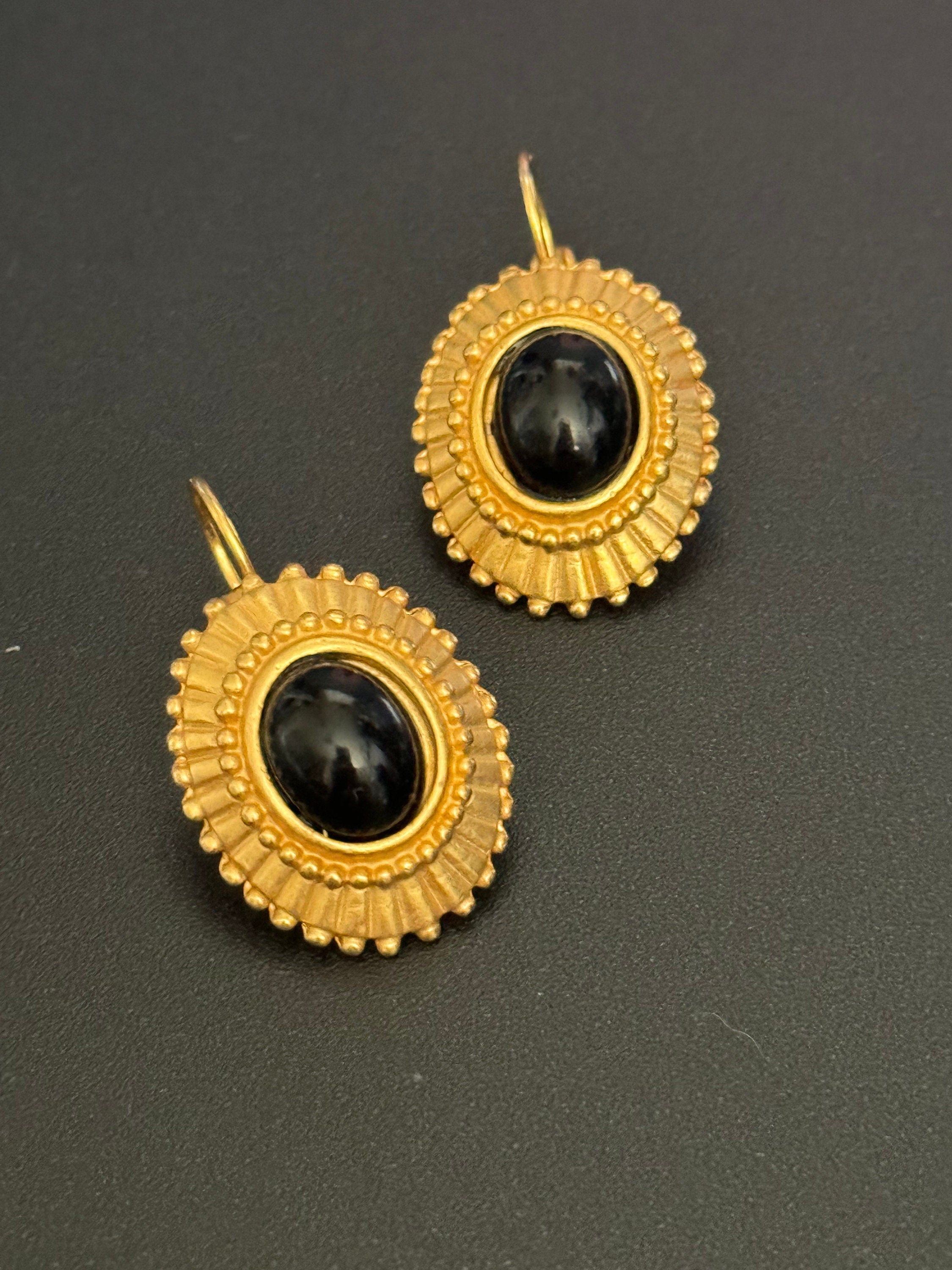 Signed Gold Ornate Black Cabochon Earrings: Etruscan Style