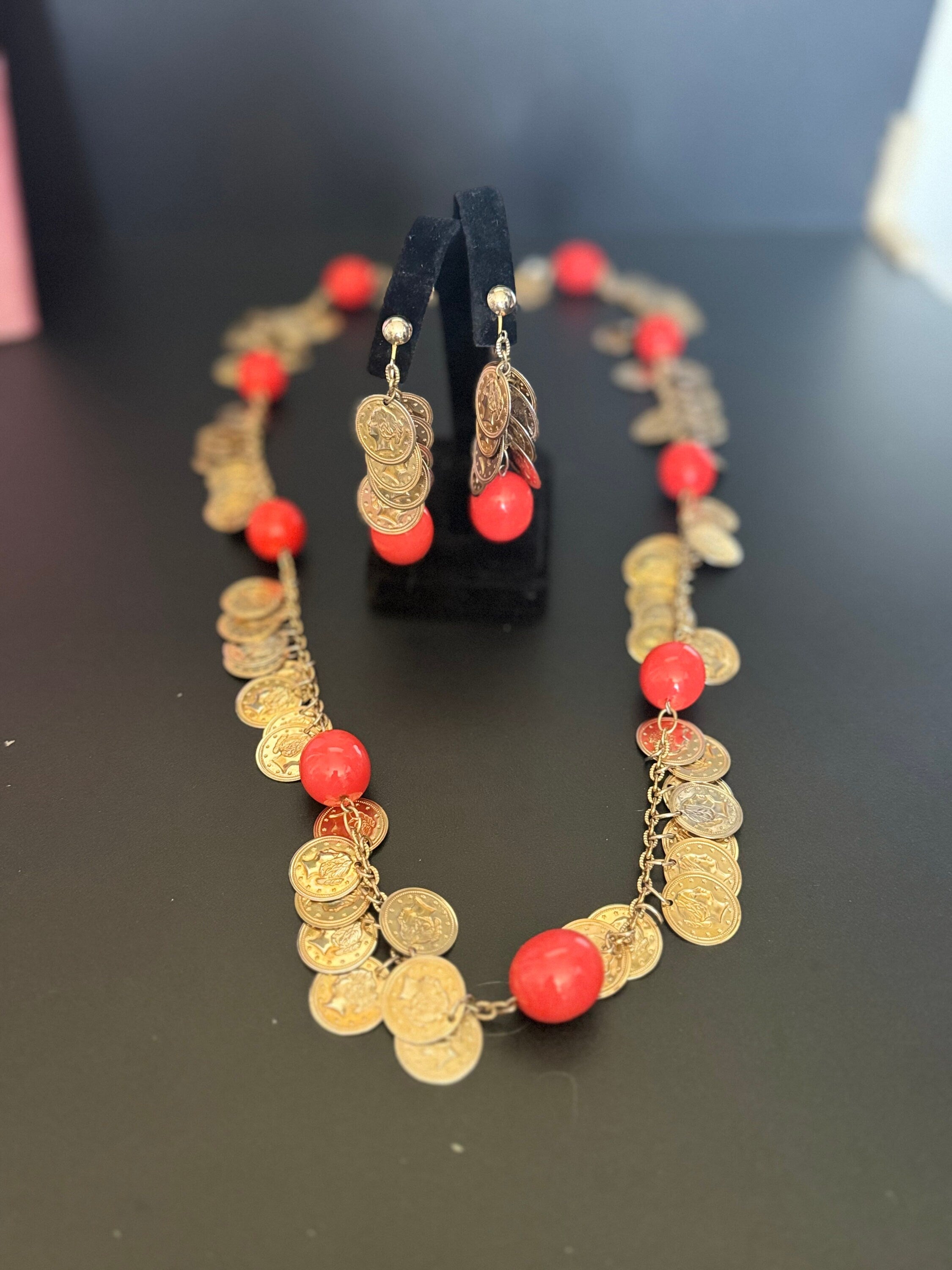 Vintage Castlecliff Orange Beaded Coin Necklace & Earrings Set