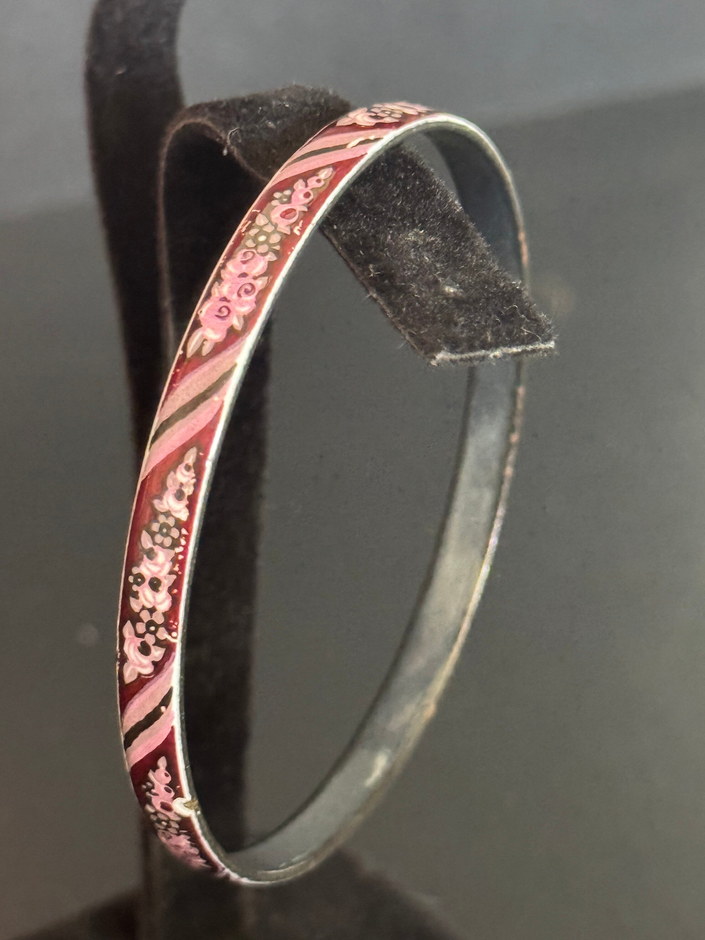 Austrian Vintage Michaela Frey Pink and dark red enamel antique style floral bangle from Austria