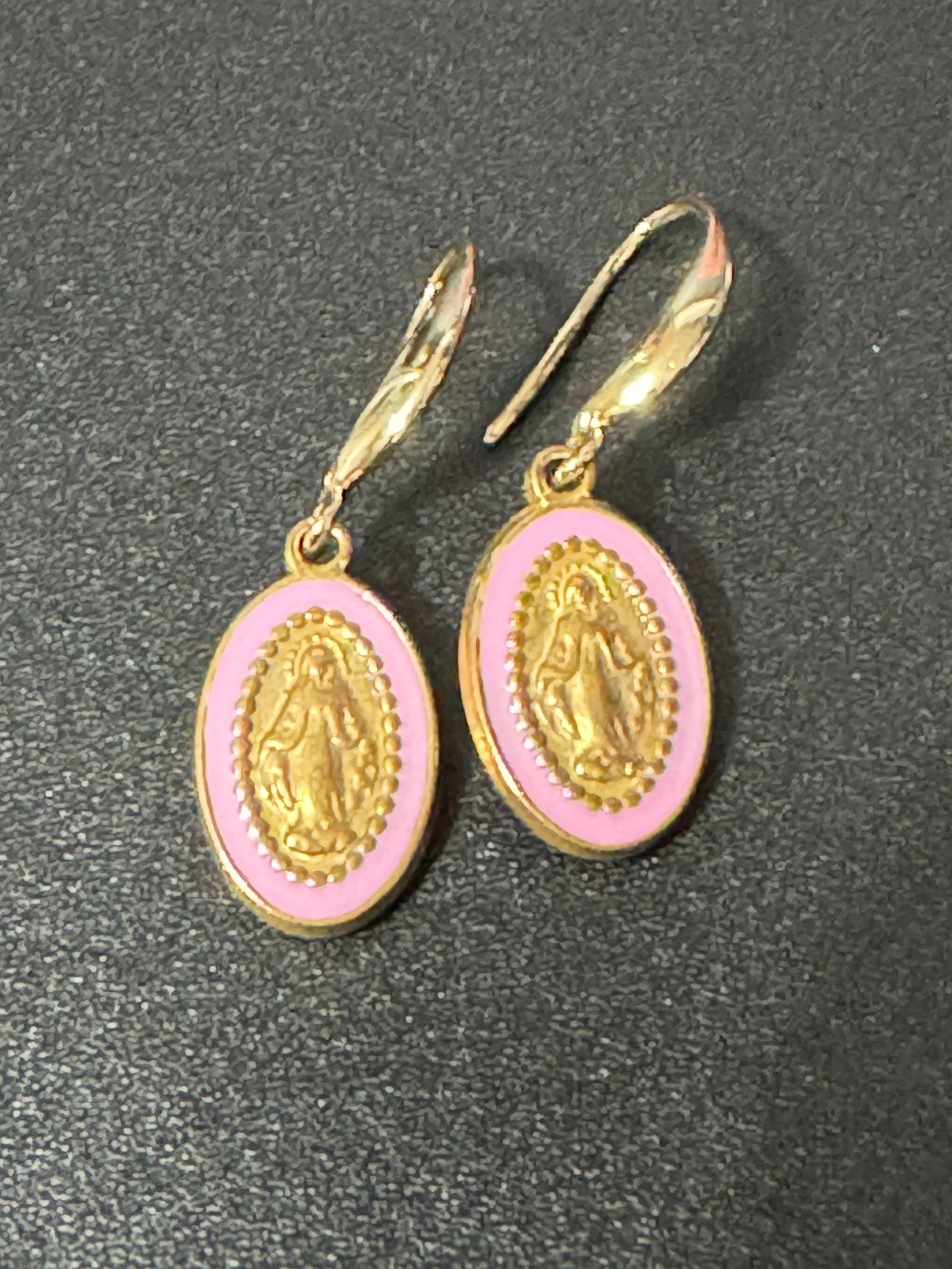 18k gold plated pink enamel religious icon Victorian charm drop earrings