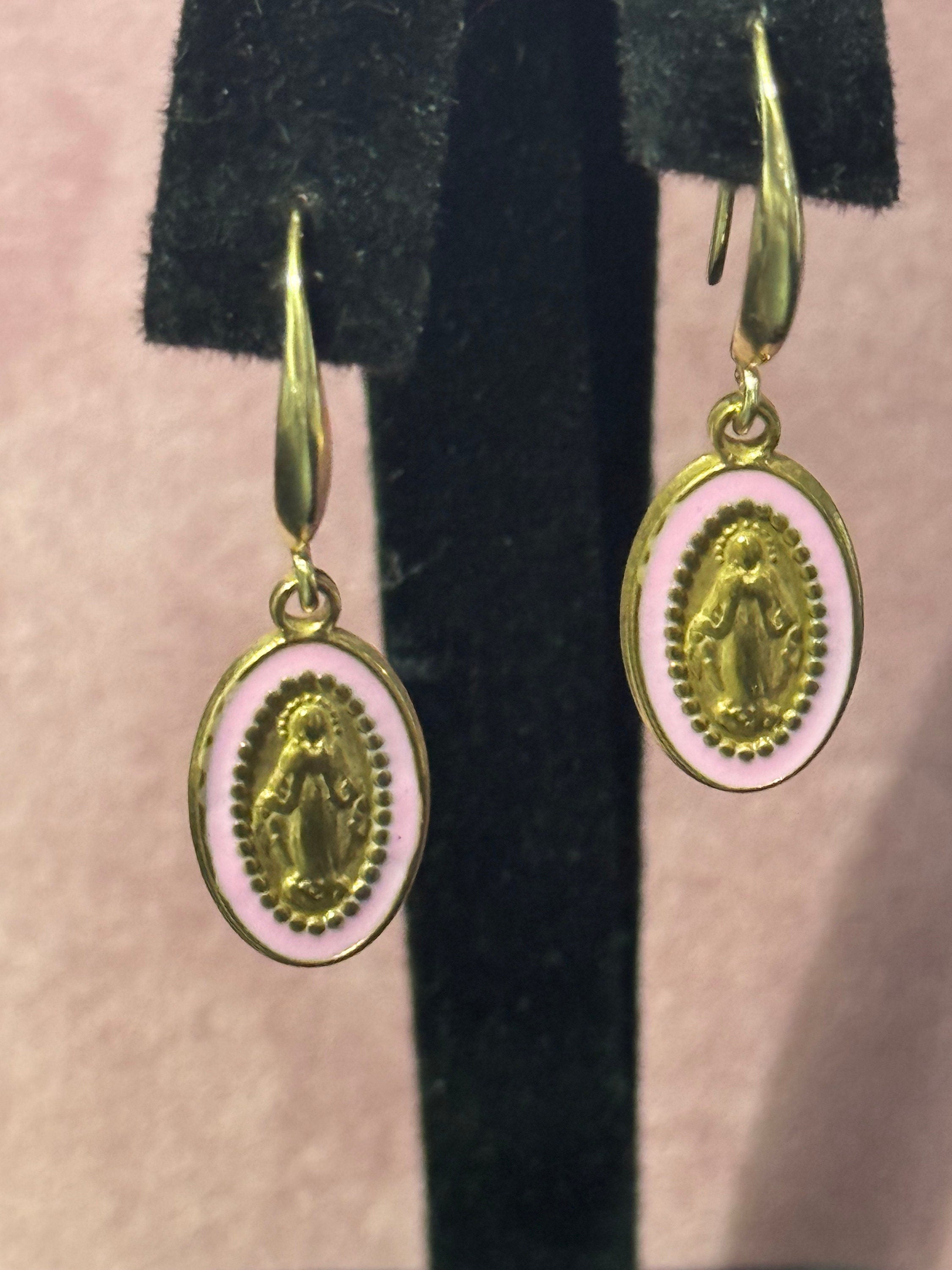 18k gold plated pink enamel religious icon Victorian charm drop earrings