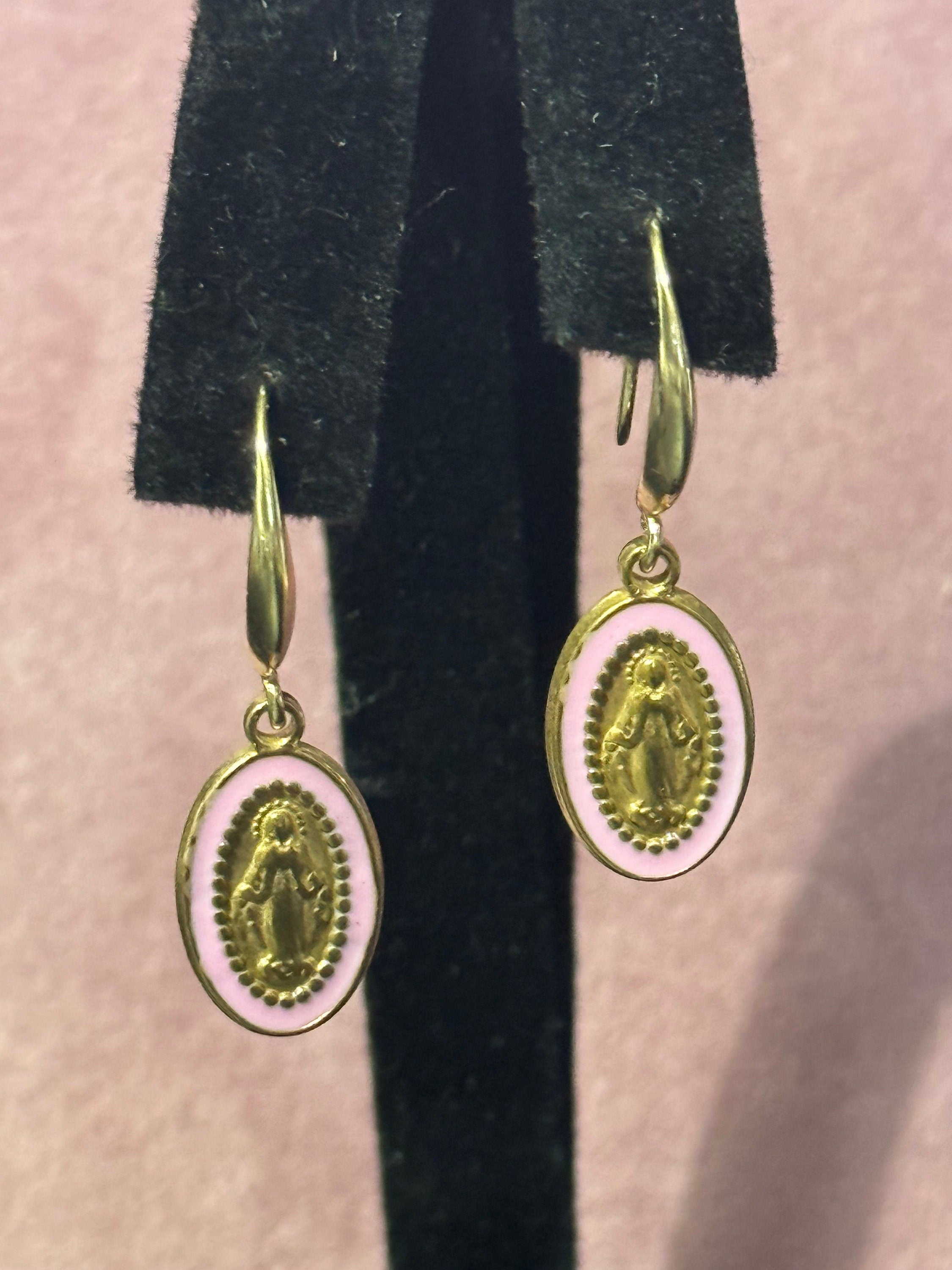 18k gold plated pink enamel religious icon Victorian charm drop earrings