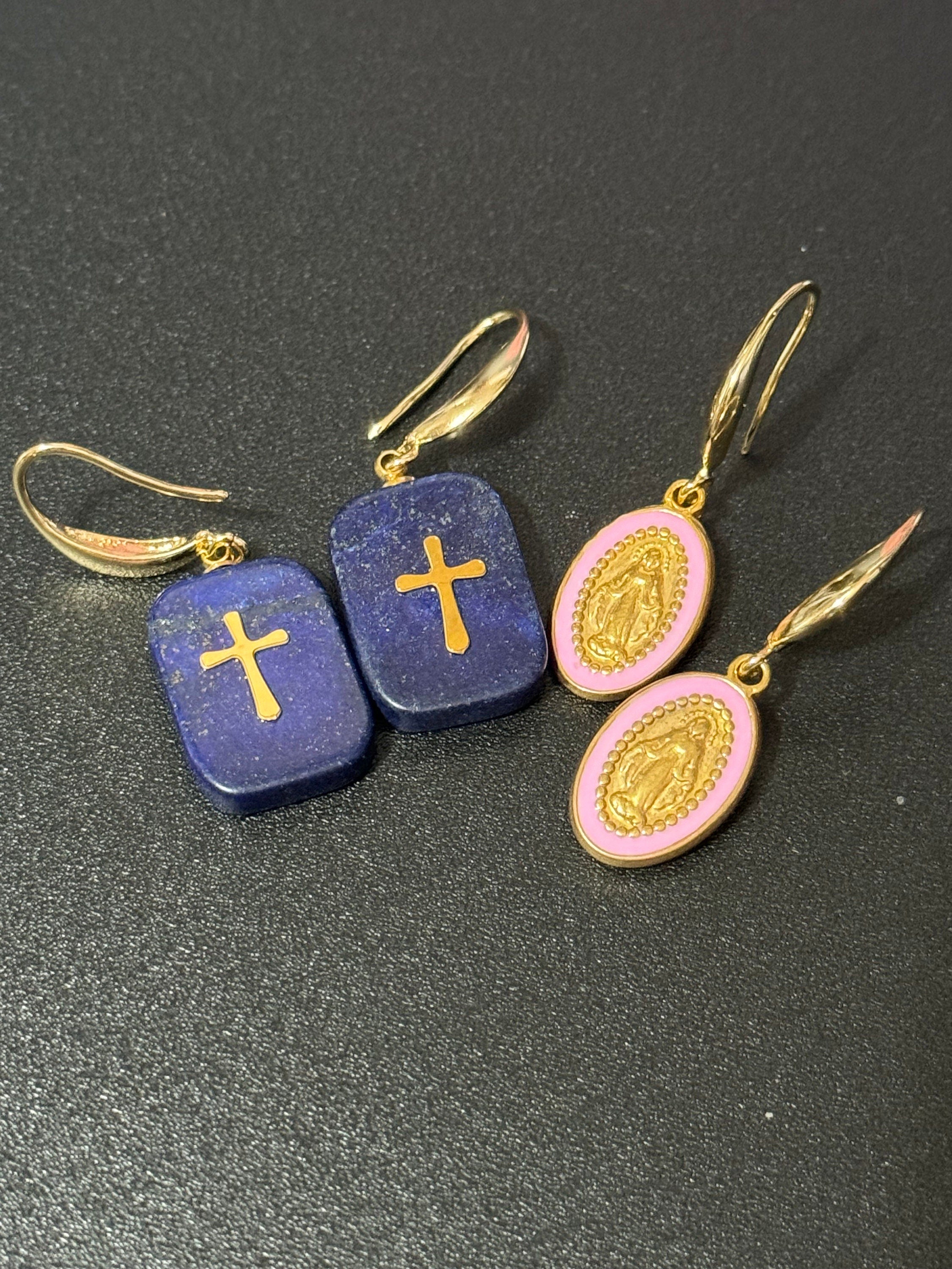 18k gold plated pink enamel religious icon Victorian charm drop earrings