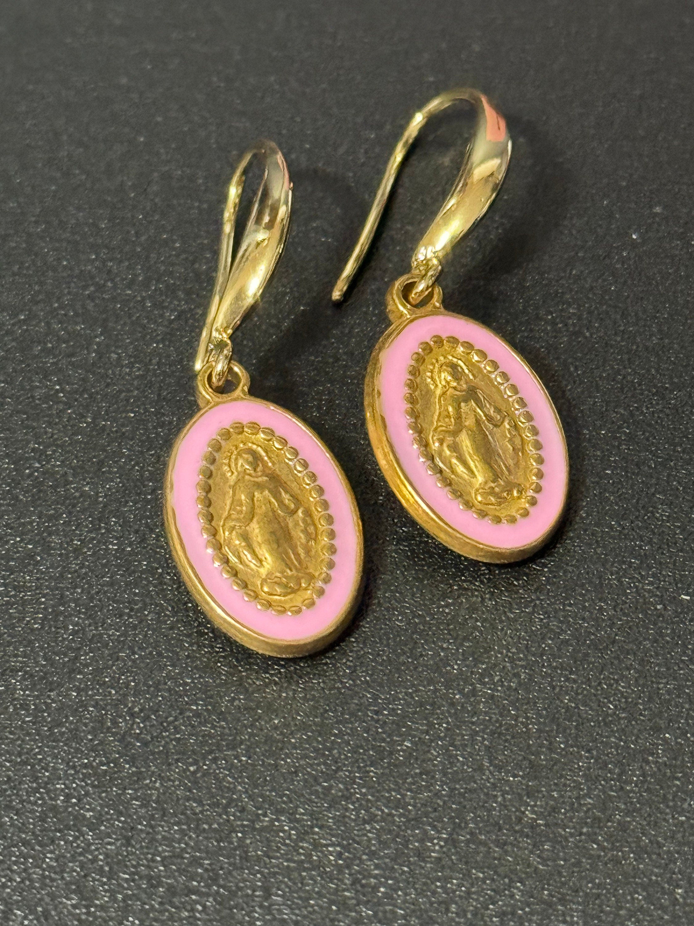 18k gold plated pink enamel religious icon Victorian charm drop earrings