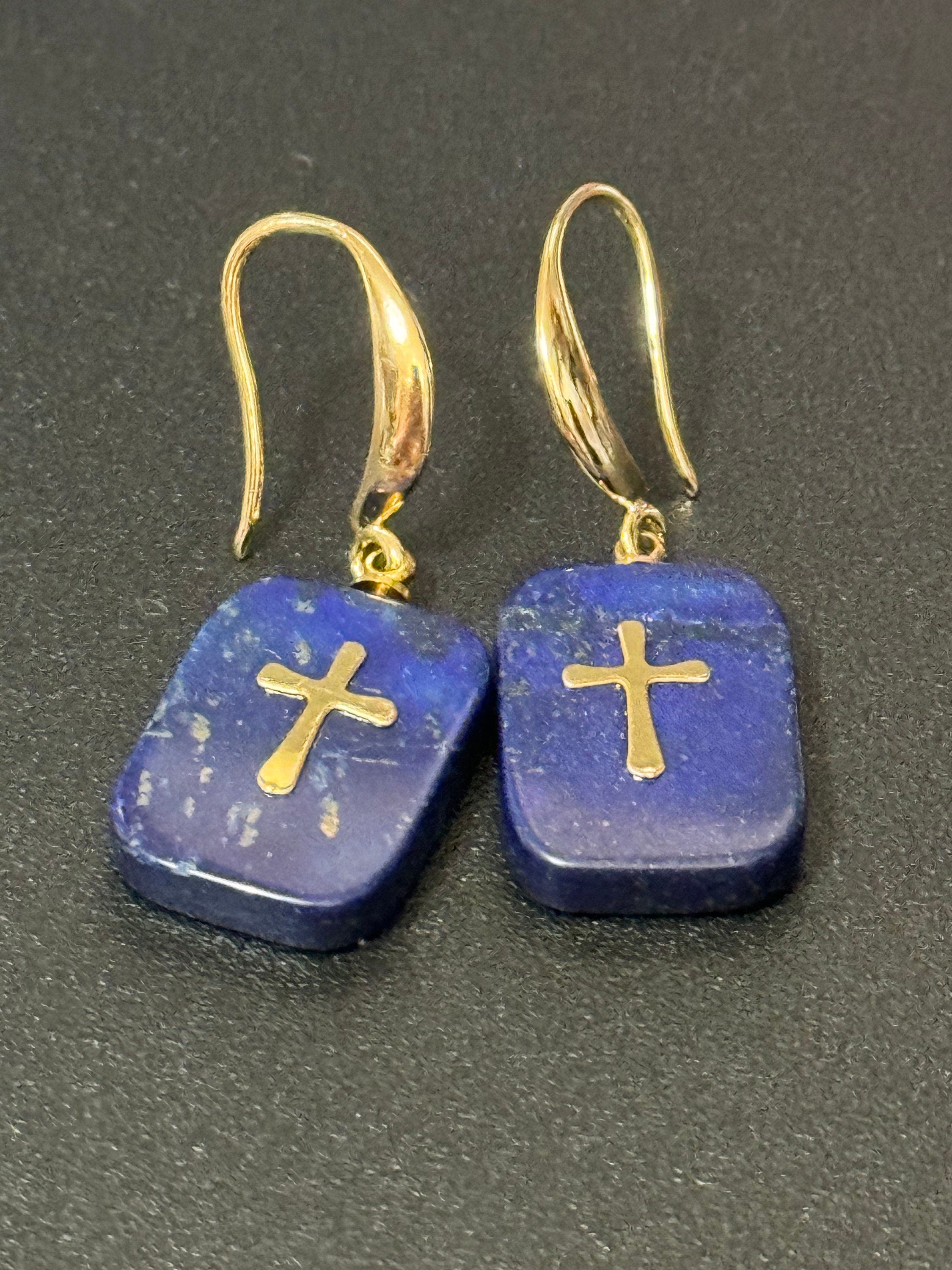 Blue lapis lazuli stone cross charm drop earrings 18k gold plated gemstone Victorian style