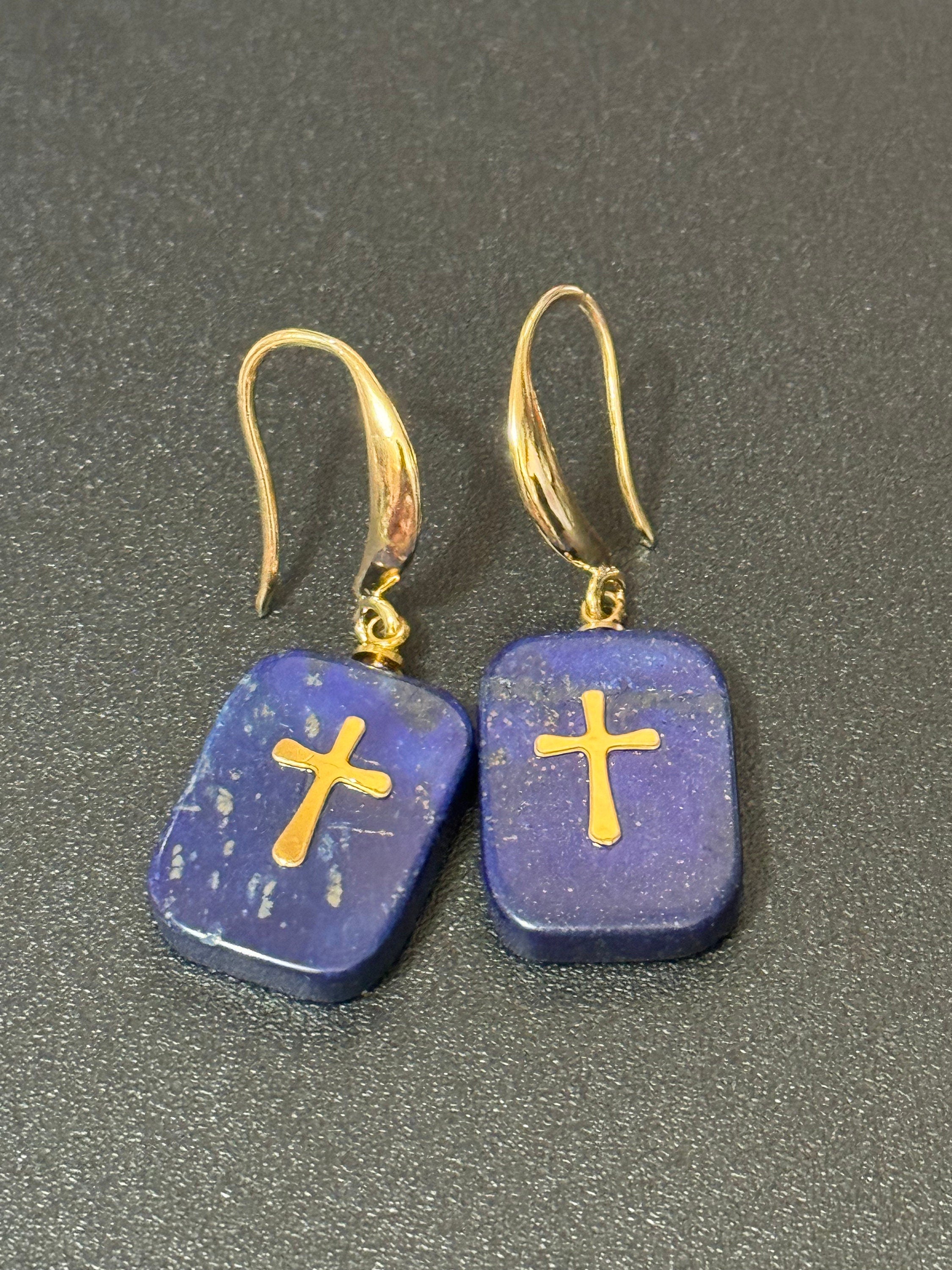 Blue lapis lazuli stone cross charm drop earrings 18k gold plated gemstone Victorian style