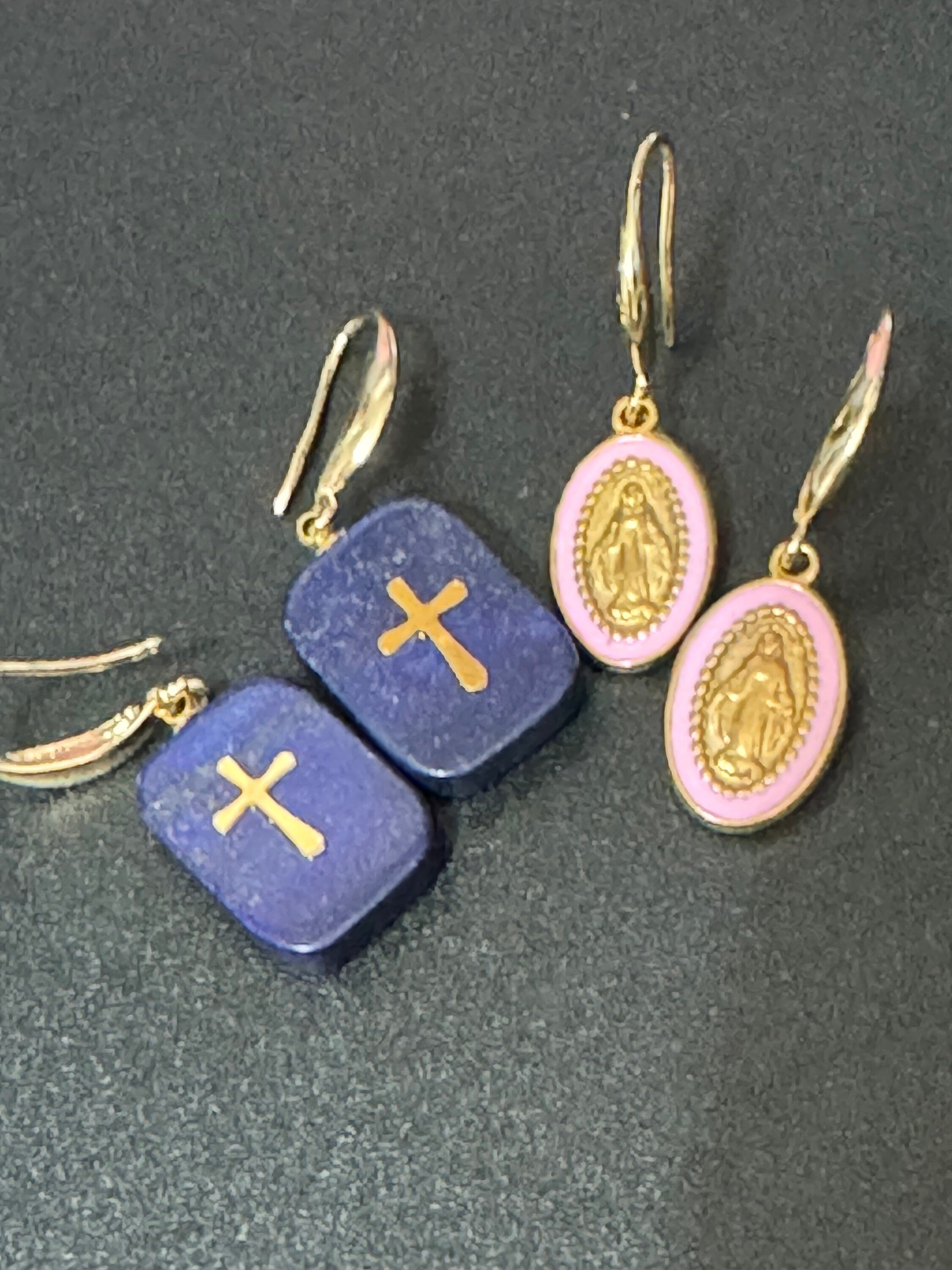 Blue lapis lazuli stone cross charm drop earrings 18k gold plated gemstone Victorian style