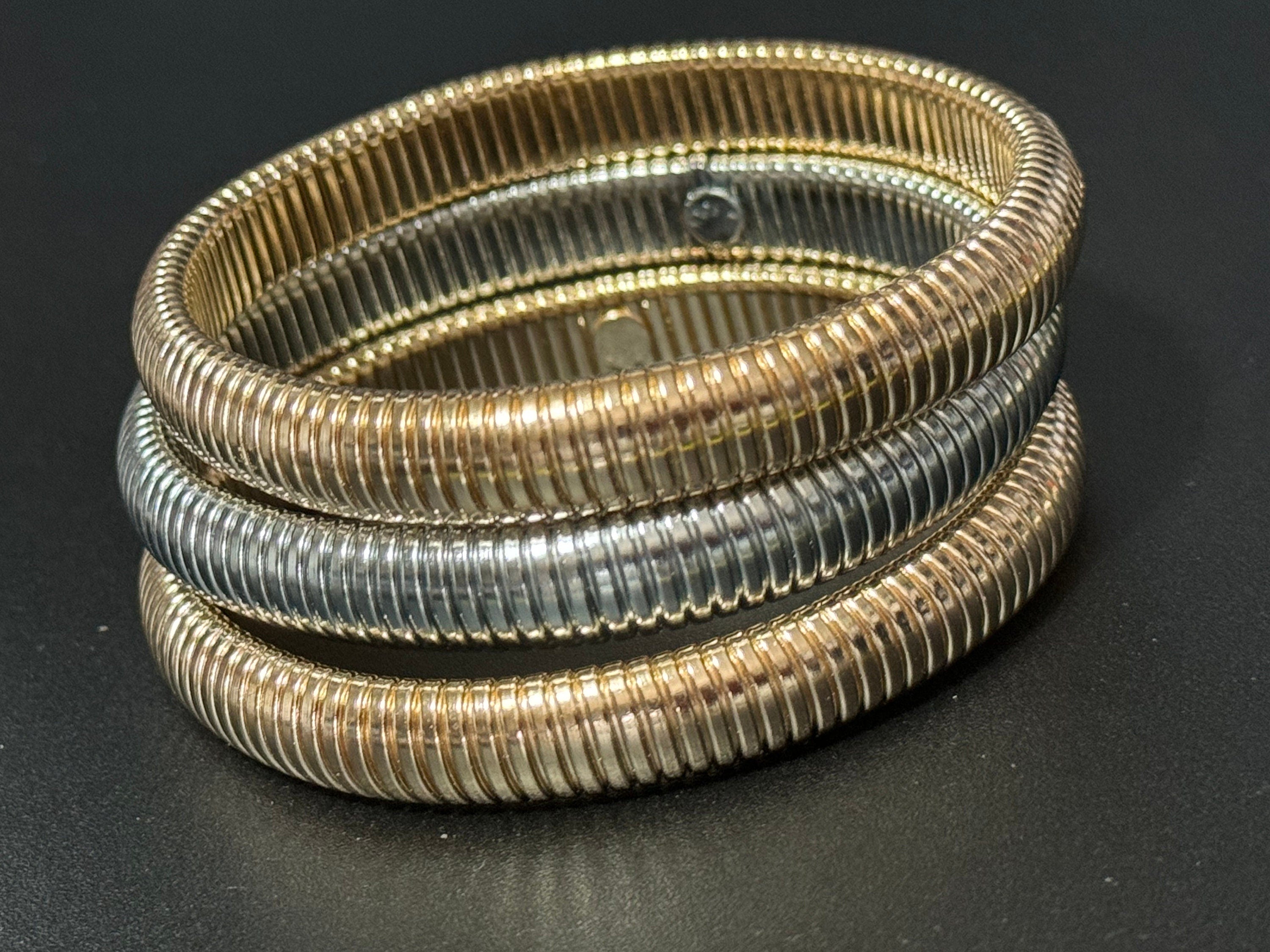 Retro 1cm silver tone omega bangle bracelet with stretch