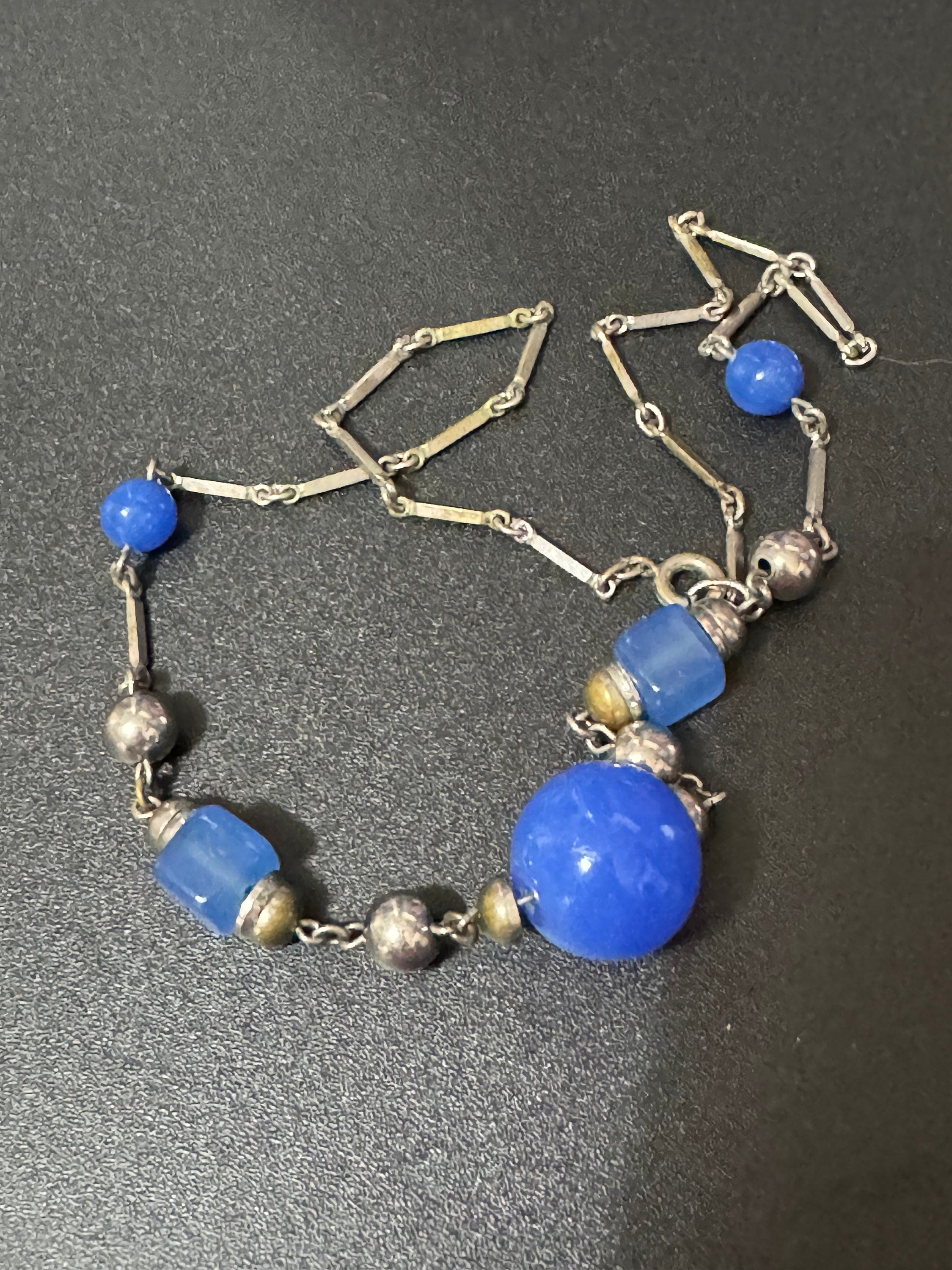 Art Deco blue glass Czech necklace, chrome silver tone