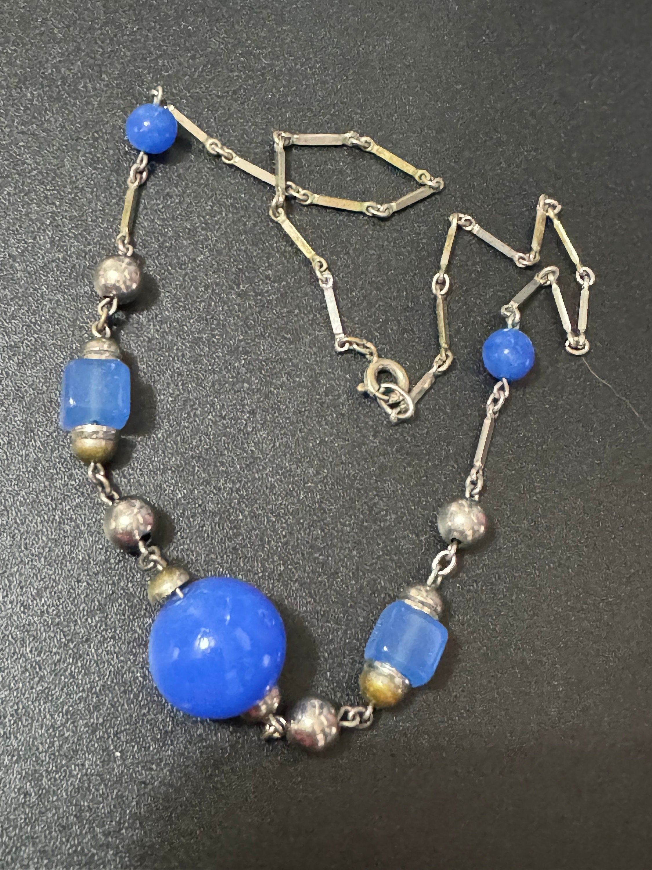 Art Deco blue glass Czech necklace, chrome silver tone