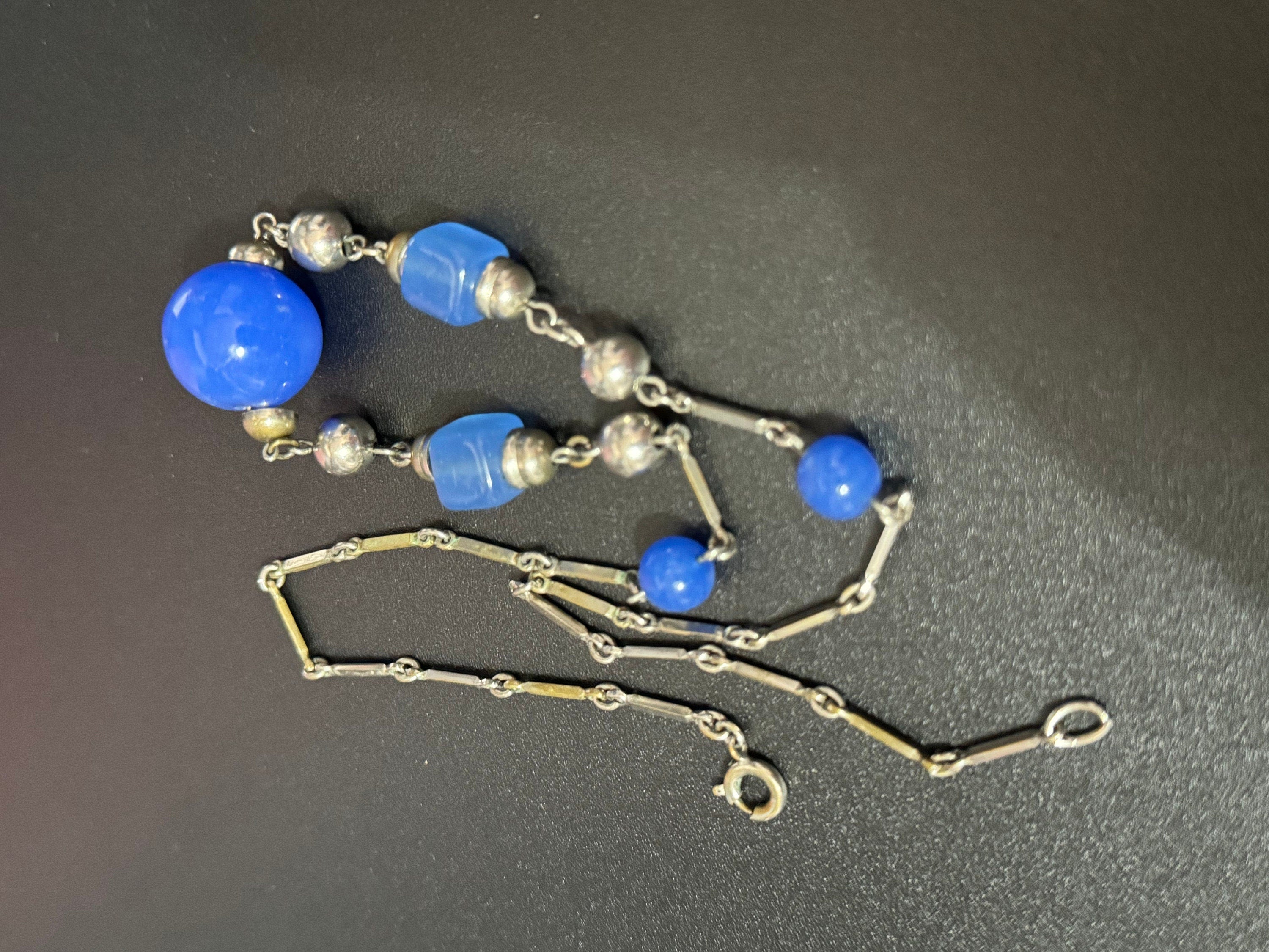 Art Deco blue glass Czech necklace, chrome silver tone