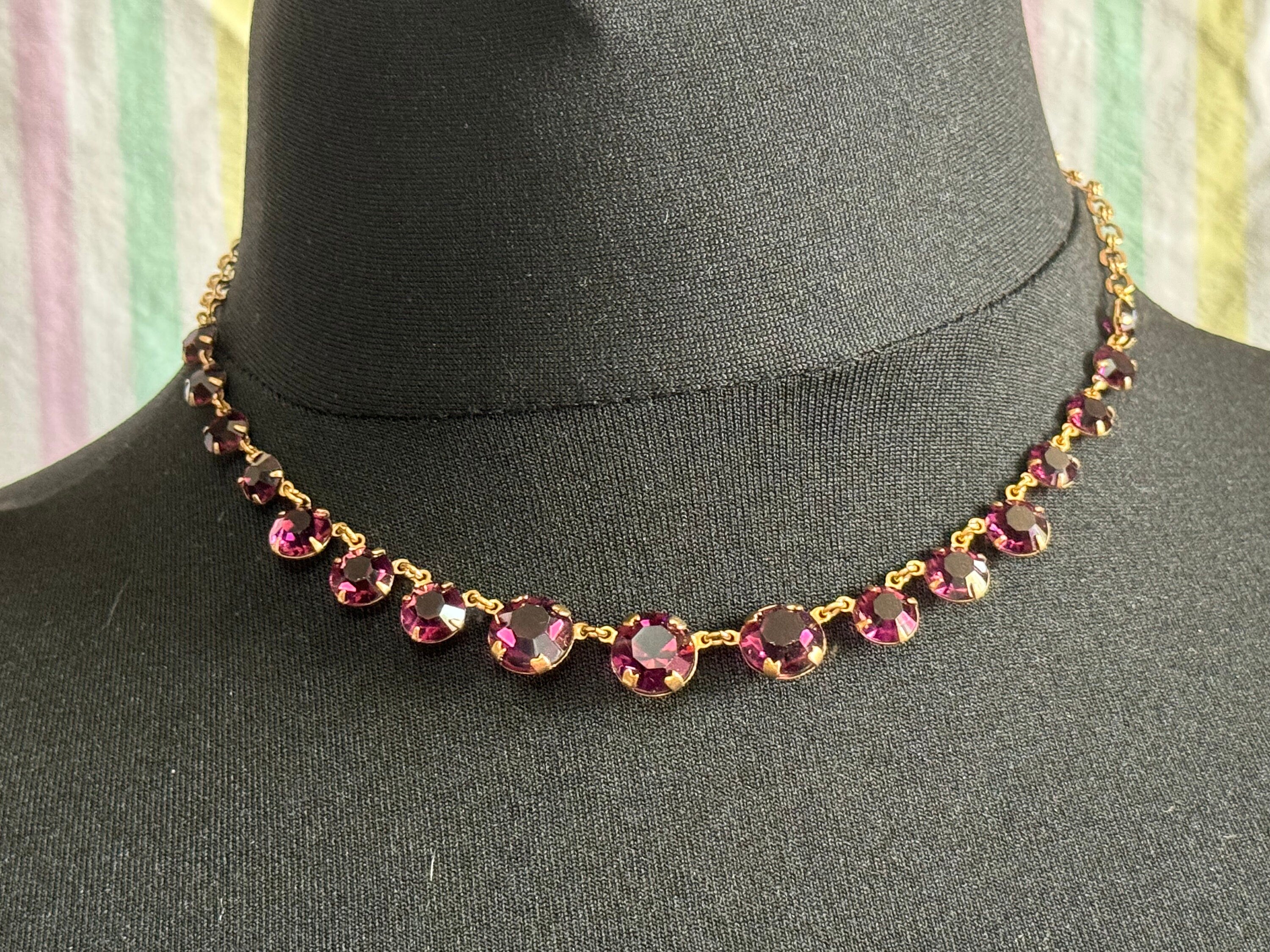 purple glass Rivière bezel set necklace deep amethyst faceted vintage gold tone