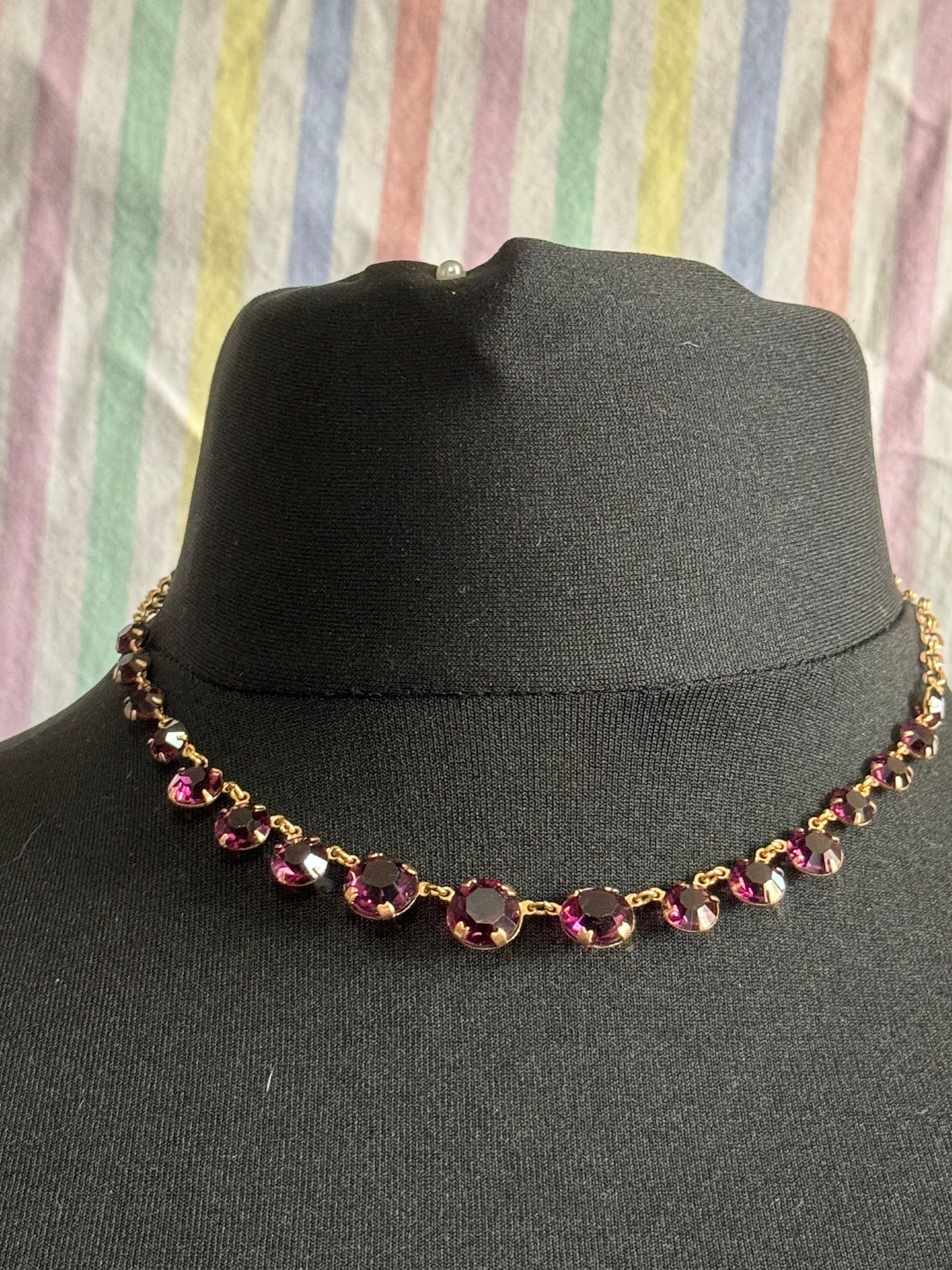 purple glass Rivière bezel set necklace deep amethyst faceted vintage gold tone