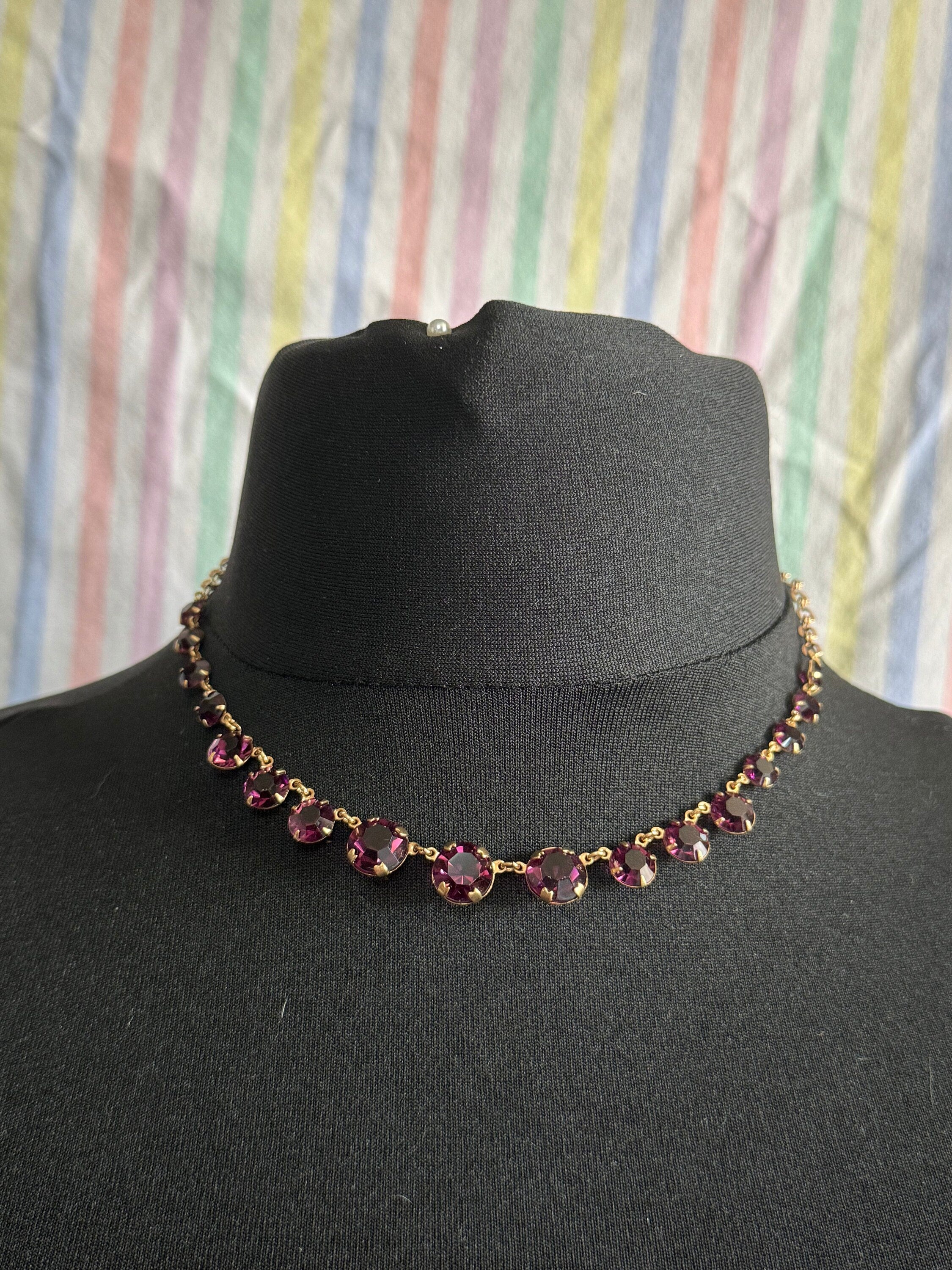 purple glass Rivière bezel set necklace deep amethyst faceted vintage gold tone