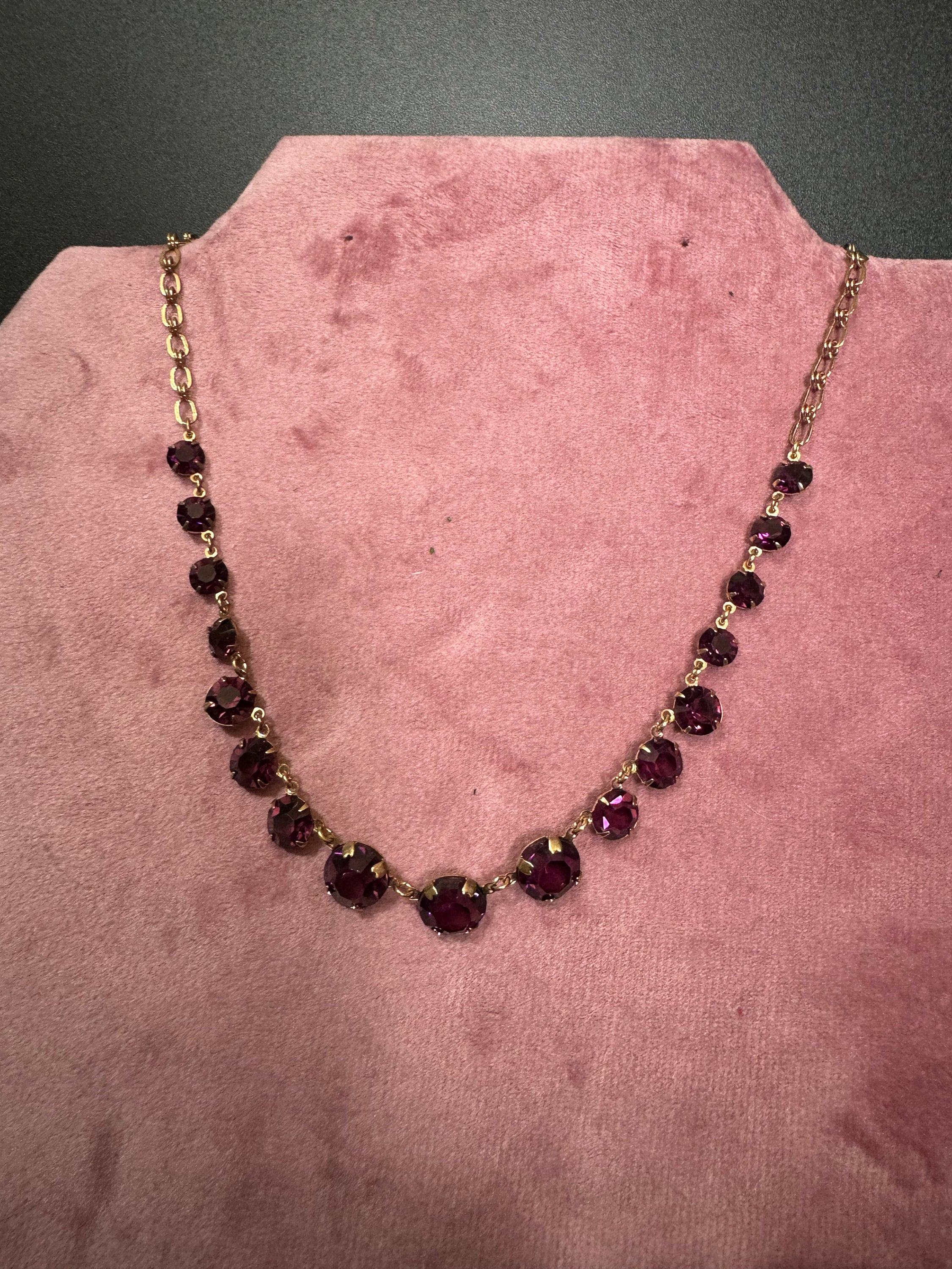 purple glass Rivière bezel set necklace deep amethyst faceted vintage gold tone