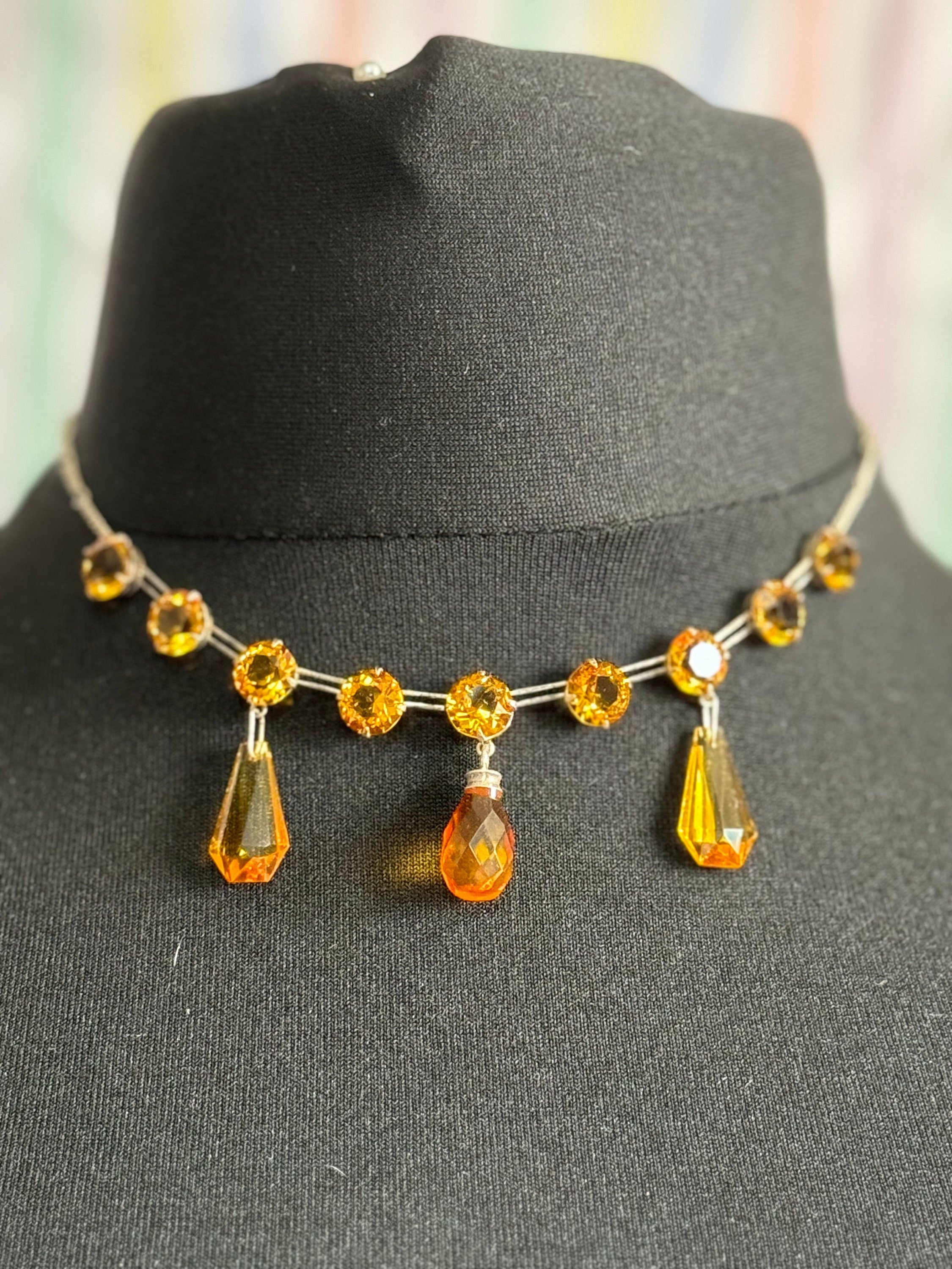 As found Art Deco open back crystal amber orange citrine glass squares antique necklace drop 1900s 1920s