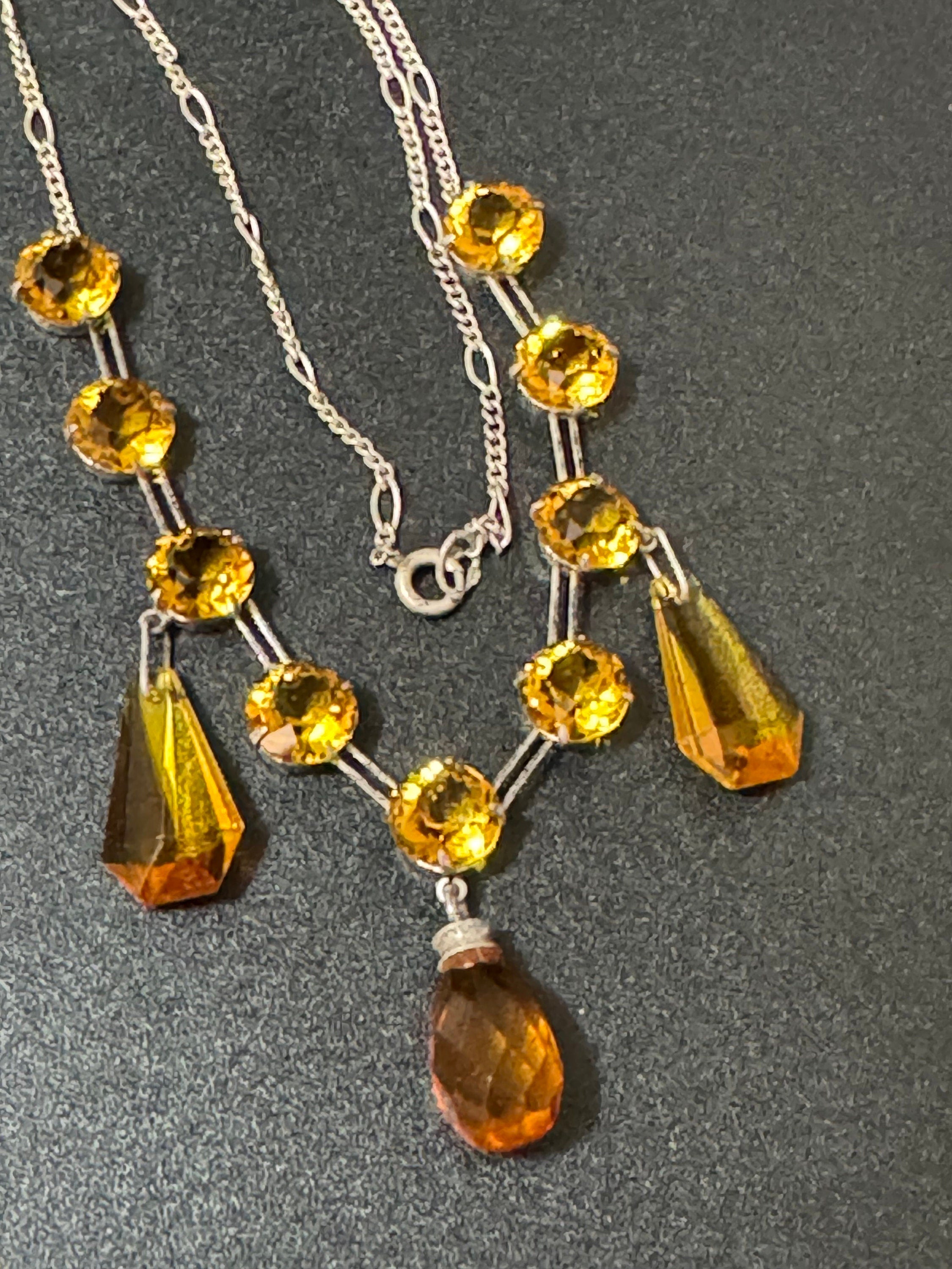 As found Art Deco open back crystal amber orange citrine glass squares antique necklace drop 1900s 1920s