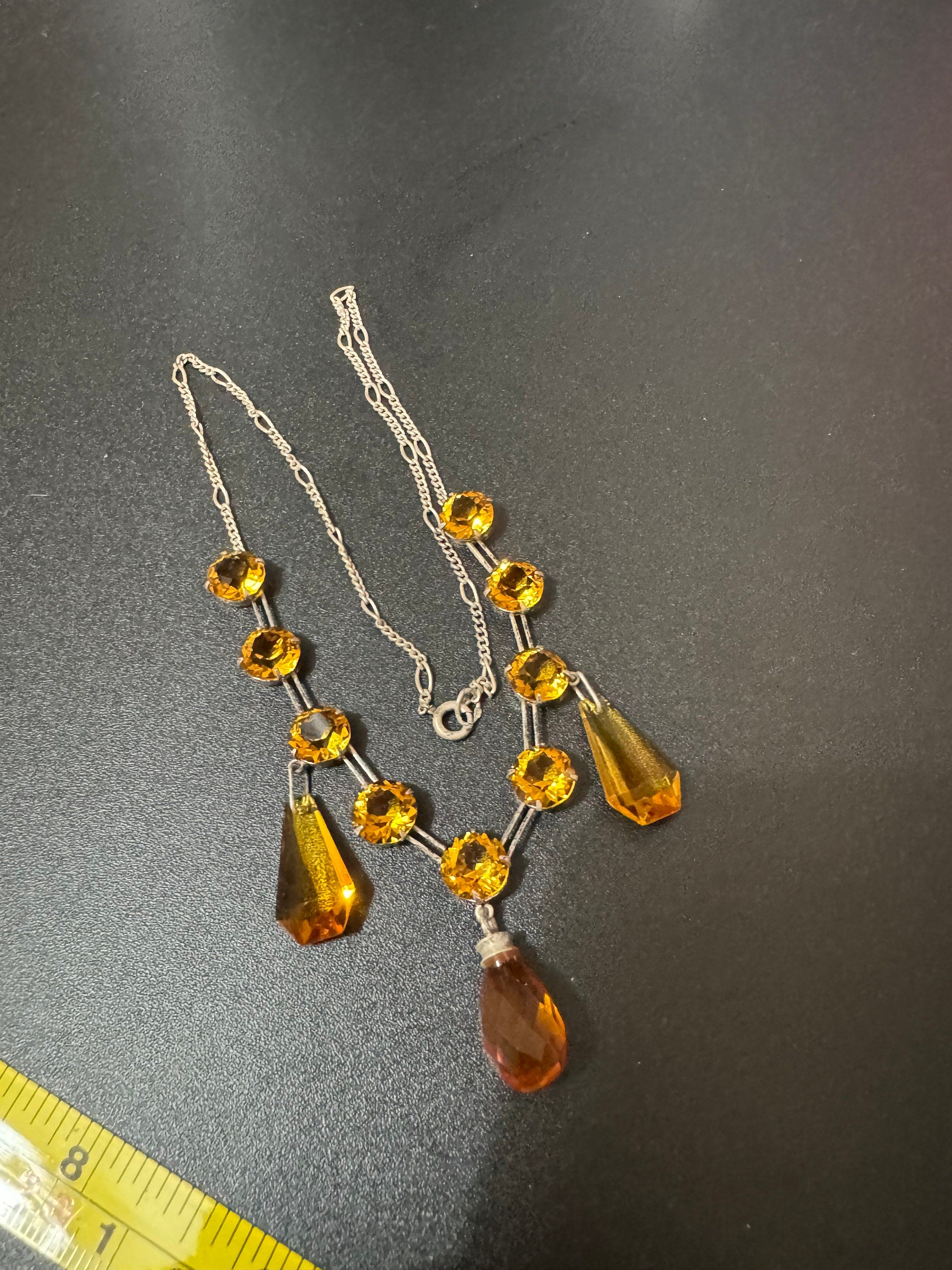 As found Art Deco open back crystal amber orange citrine glass squares antique necklace drop 1900s 1920s