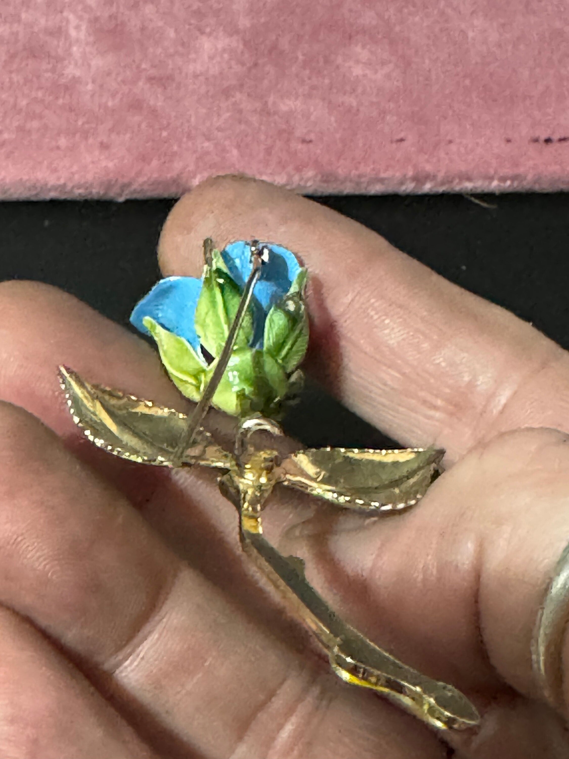 Vintage large 7cm gold tone blue enamel rose brooch