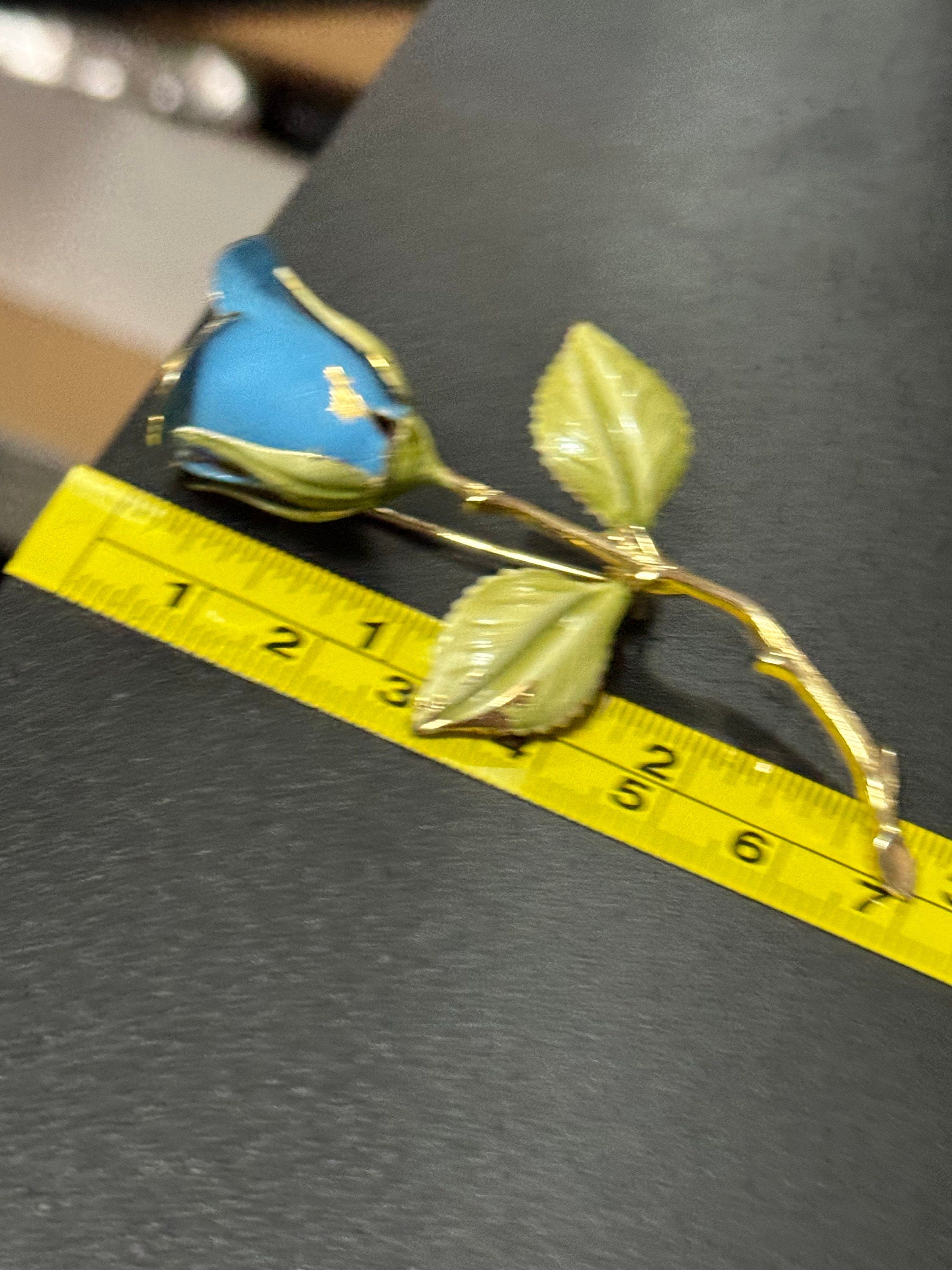 Vintage large 7cm gold tone blue enamel rose brooch