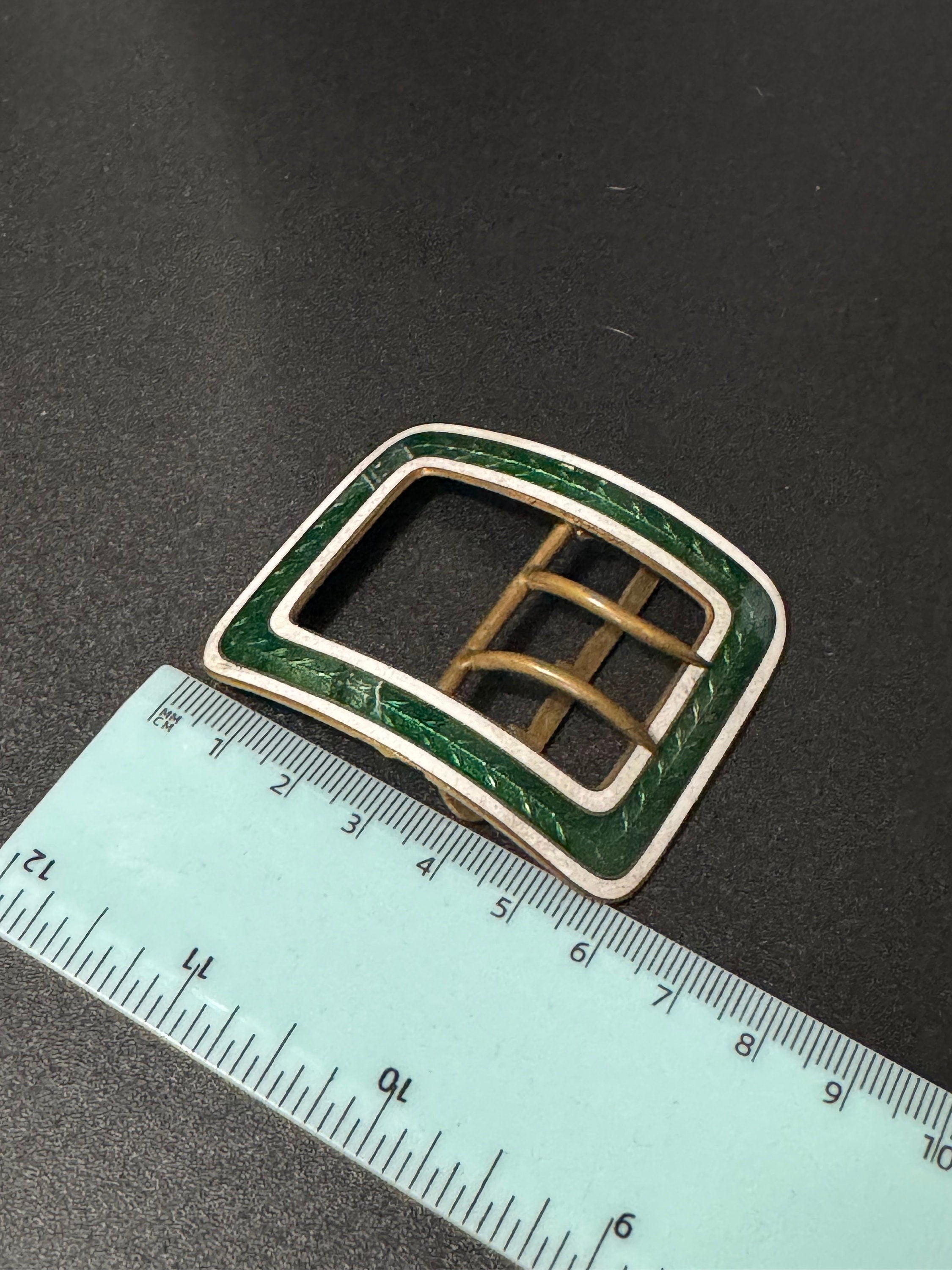 Dark green Guilloche Enamel brass Belt Buckle 1920s 1930s Sewing Haberdashery