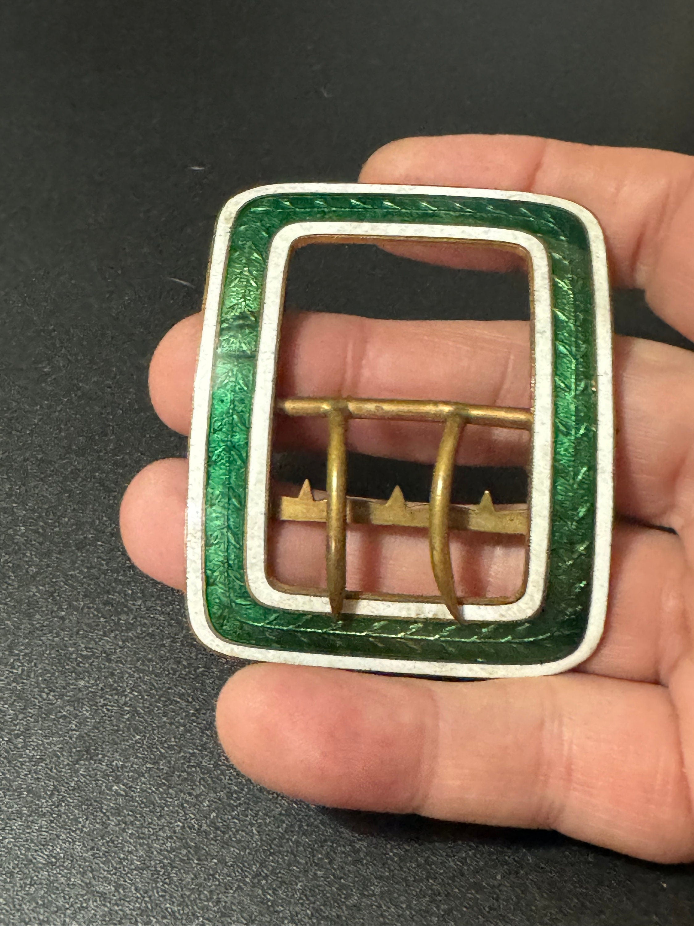 Dark green Guilloche Enamel brass Belt Buckle 1920s 1930s Sewing Haberdashery