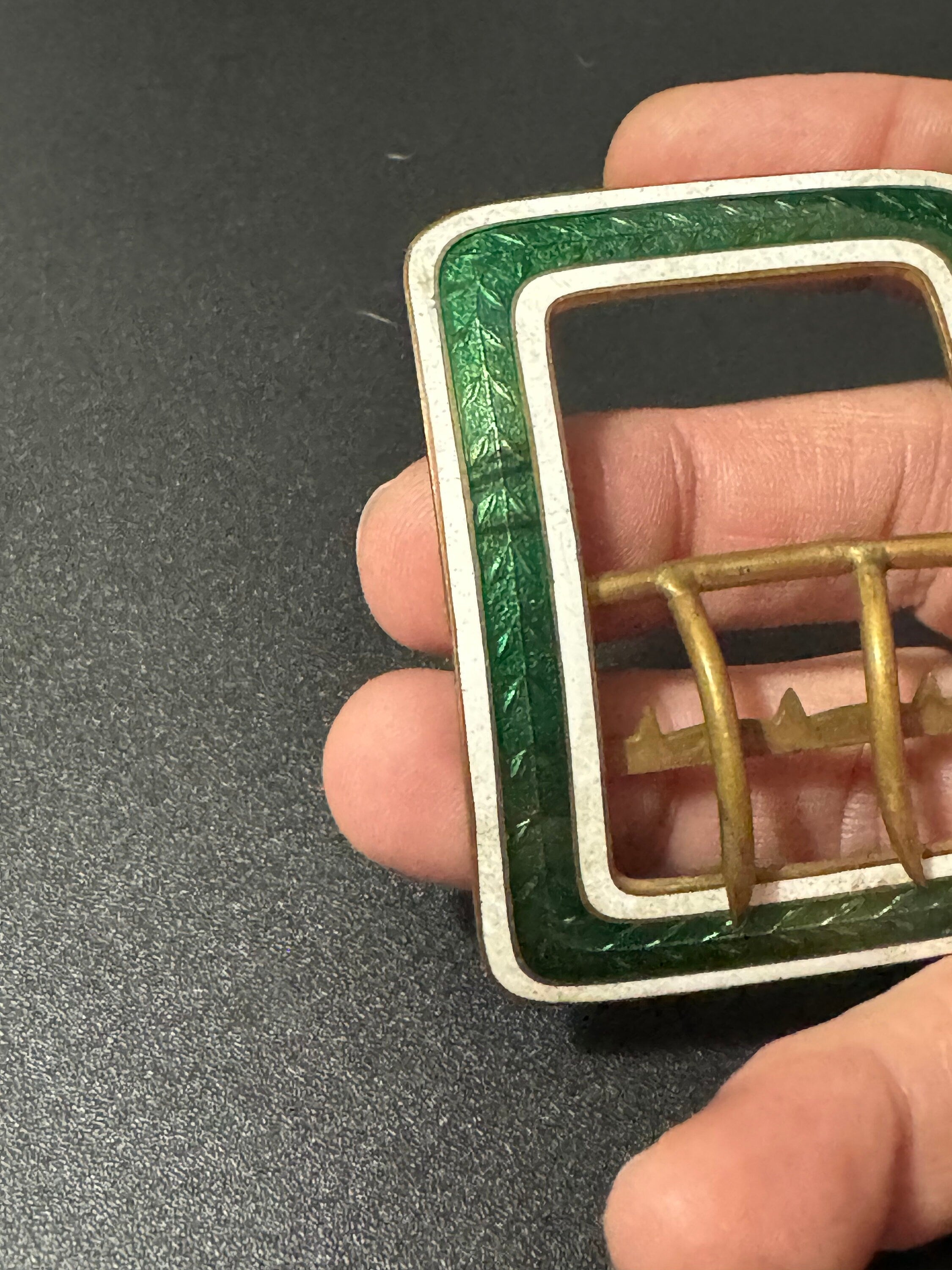 Dark green Guilloche Enamel brass Belt Buckle 1920s 1930s Sewing Haberdashery