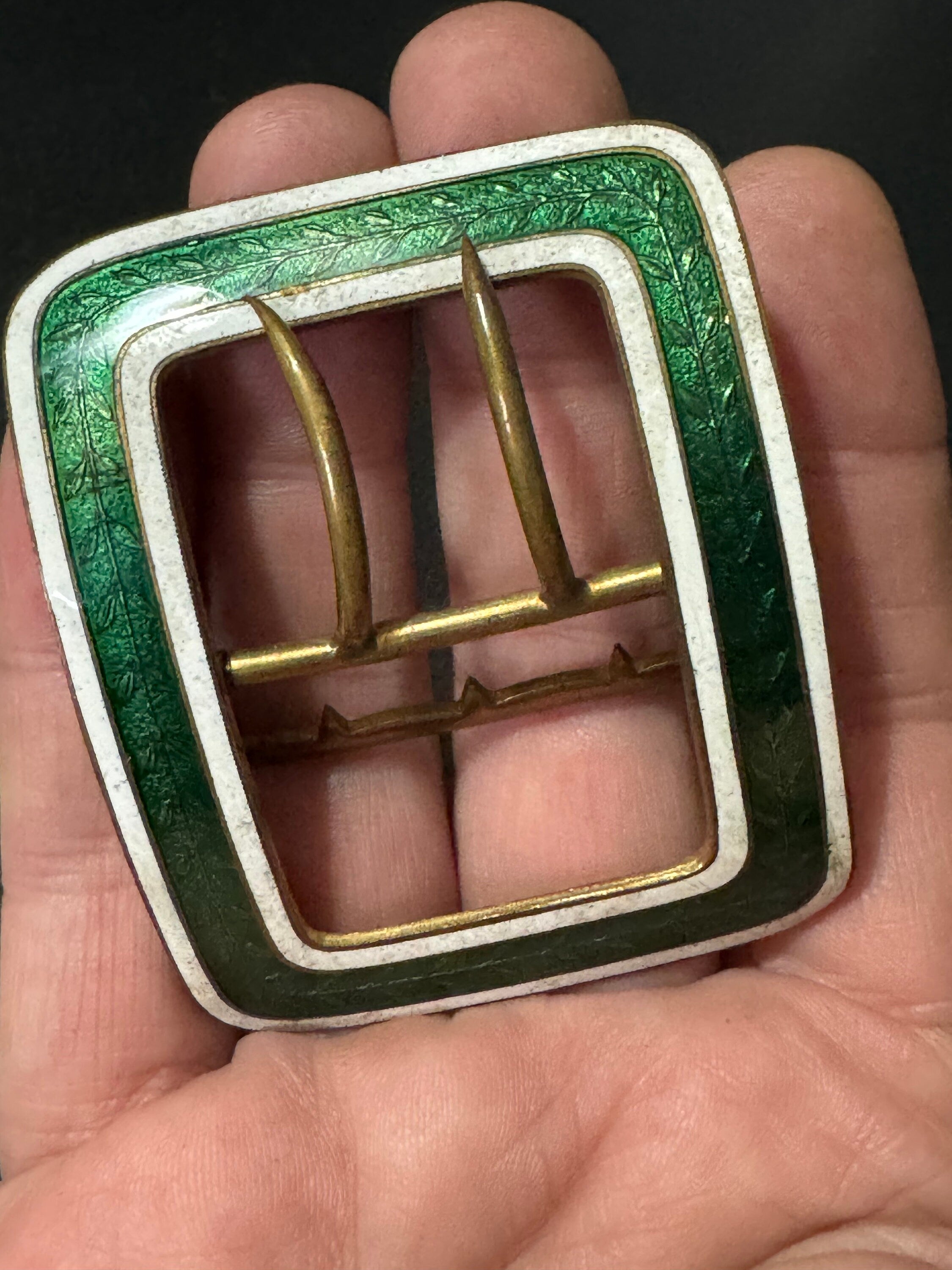 Dark green Guilloche Enamel brass Belt Buckle 1920s 1930s Sewing Haberdashery
