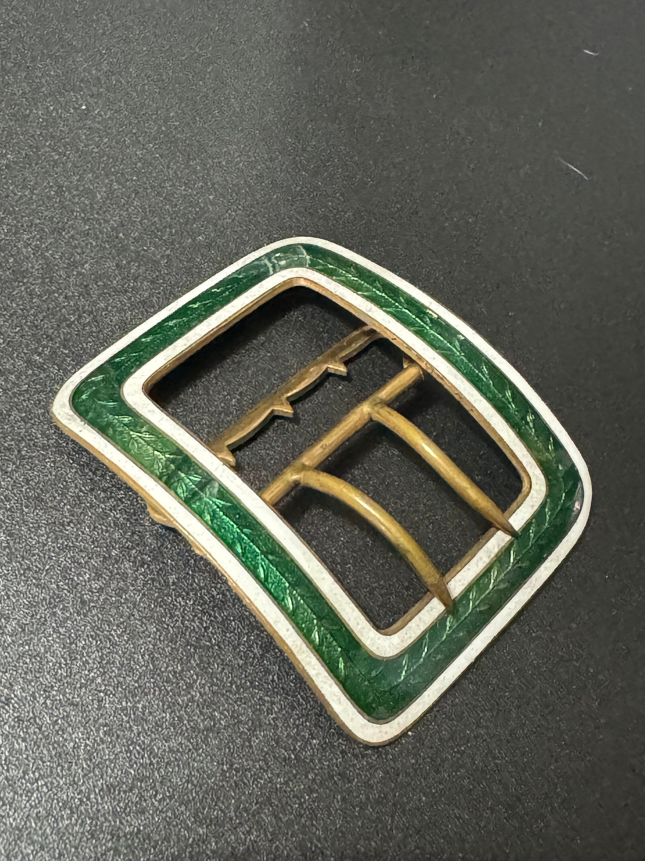 Dark green Guilloche Enamel brass Belt Buckle 1920s 1930s Sewing Haberdashery