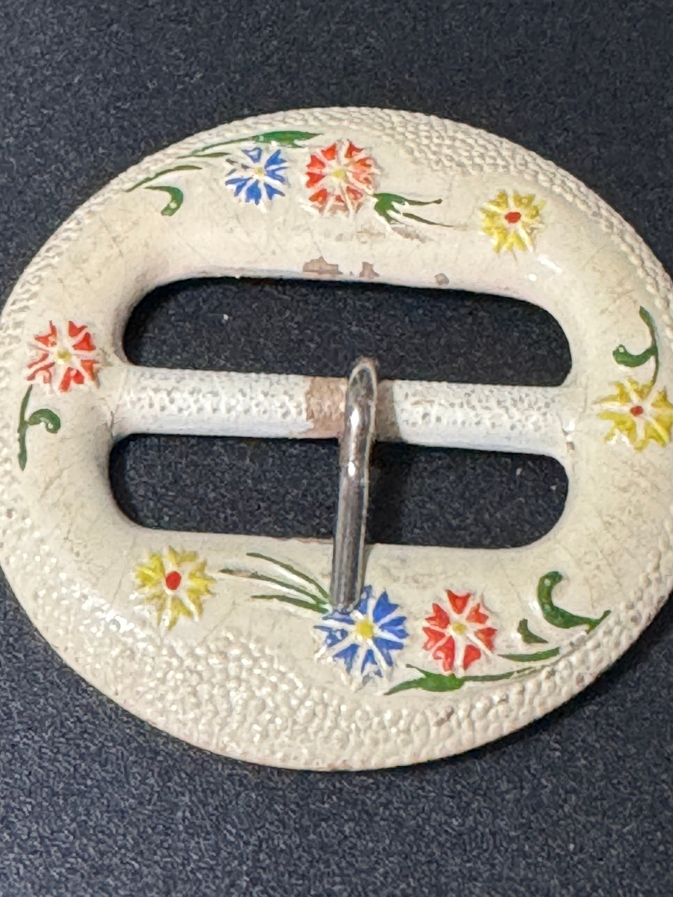 Vintage Art Deco Painted Flower Belt Buckle: 1930s Sewing Haberdashery