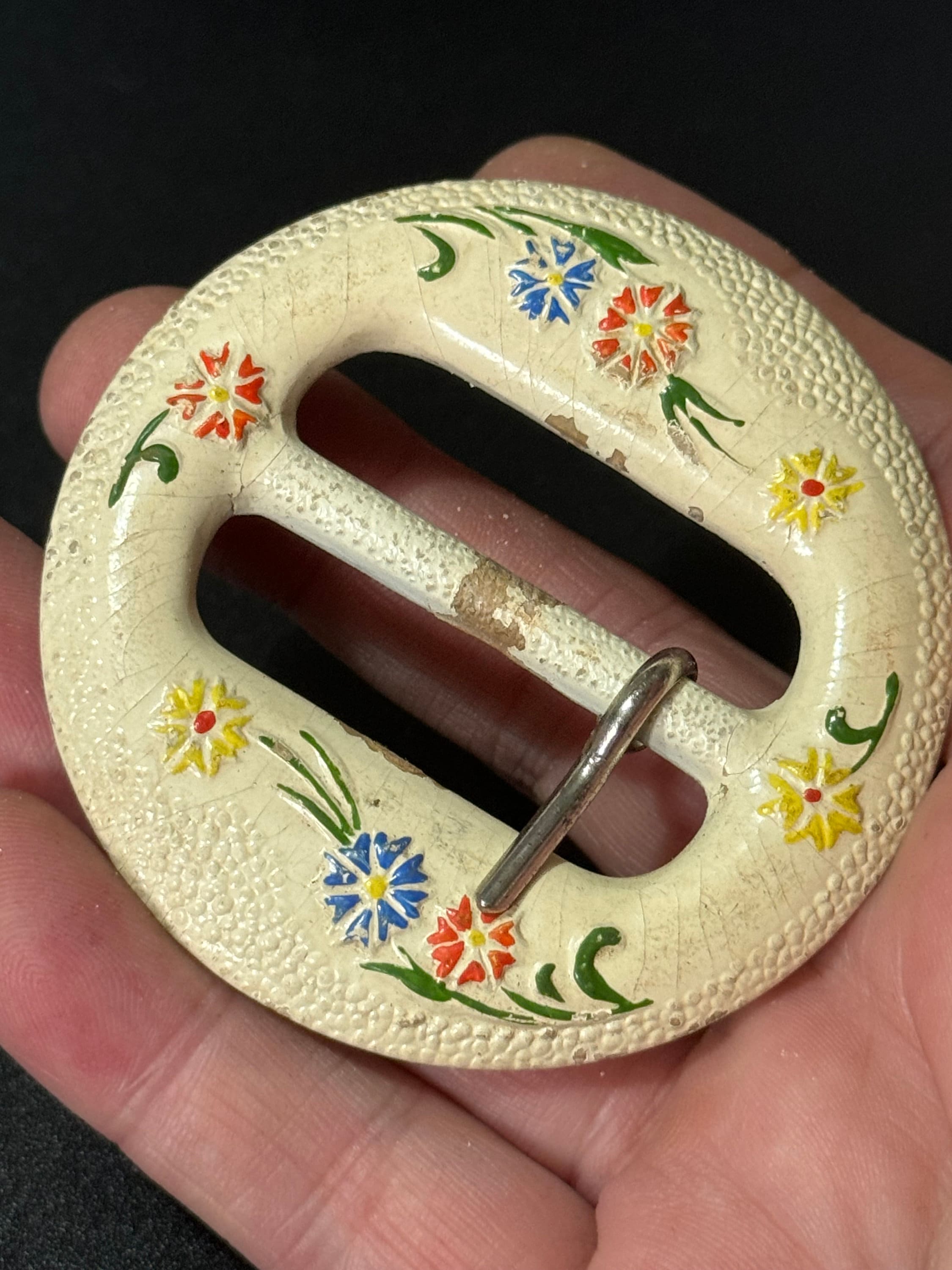 Vintage Art Deco Painted Flower Belt Buckle: 1930s Sewing Haberdashery