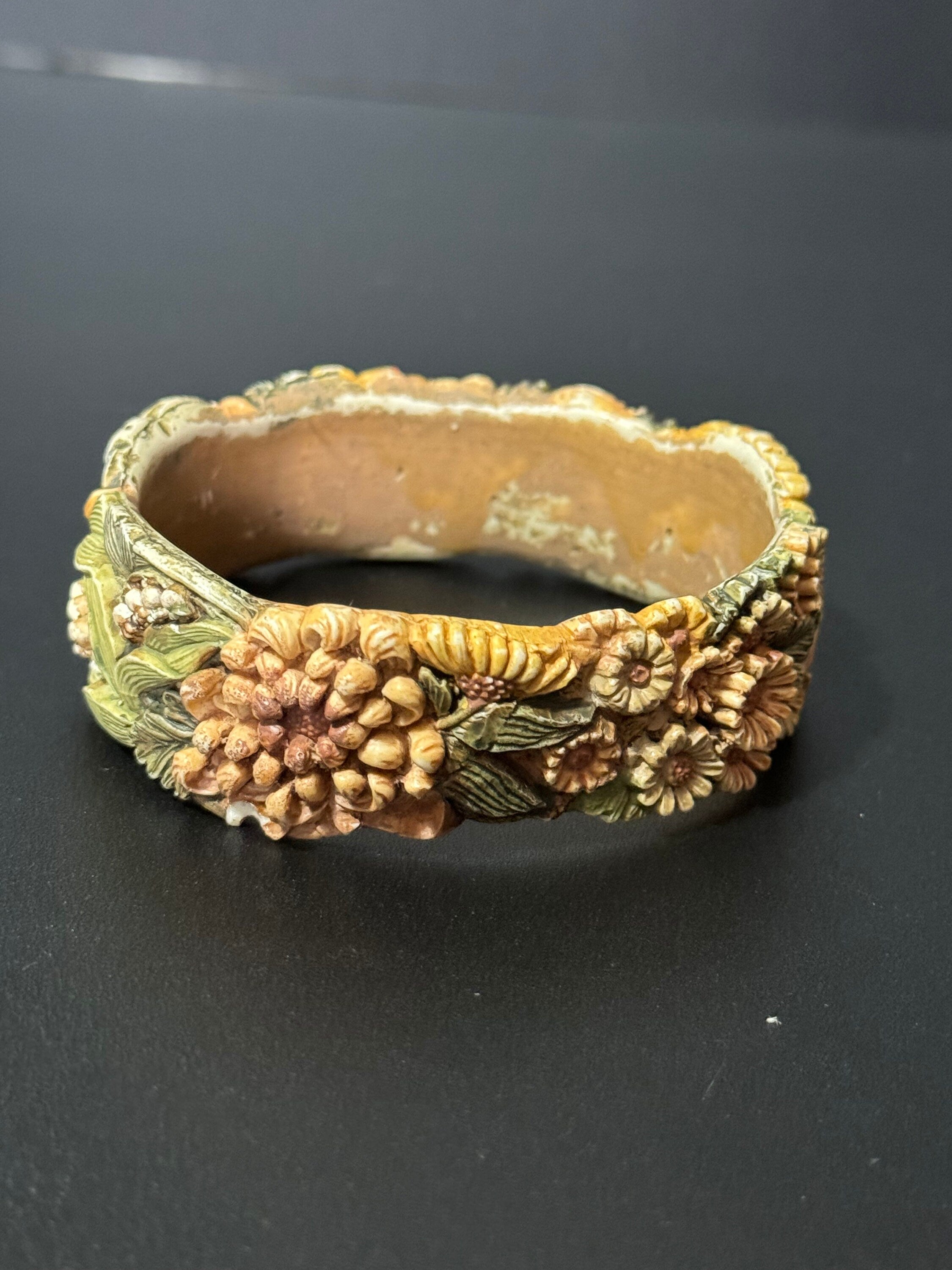 Art Deco Antique Vintage Early Plastic Celluloid Carved Bangle Cream pink green tones