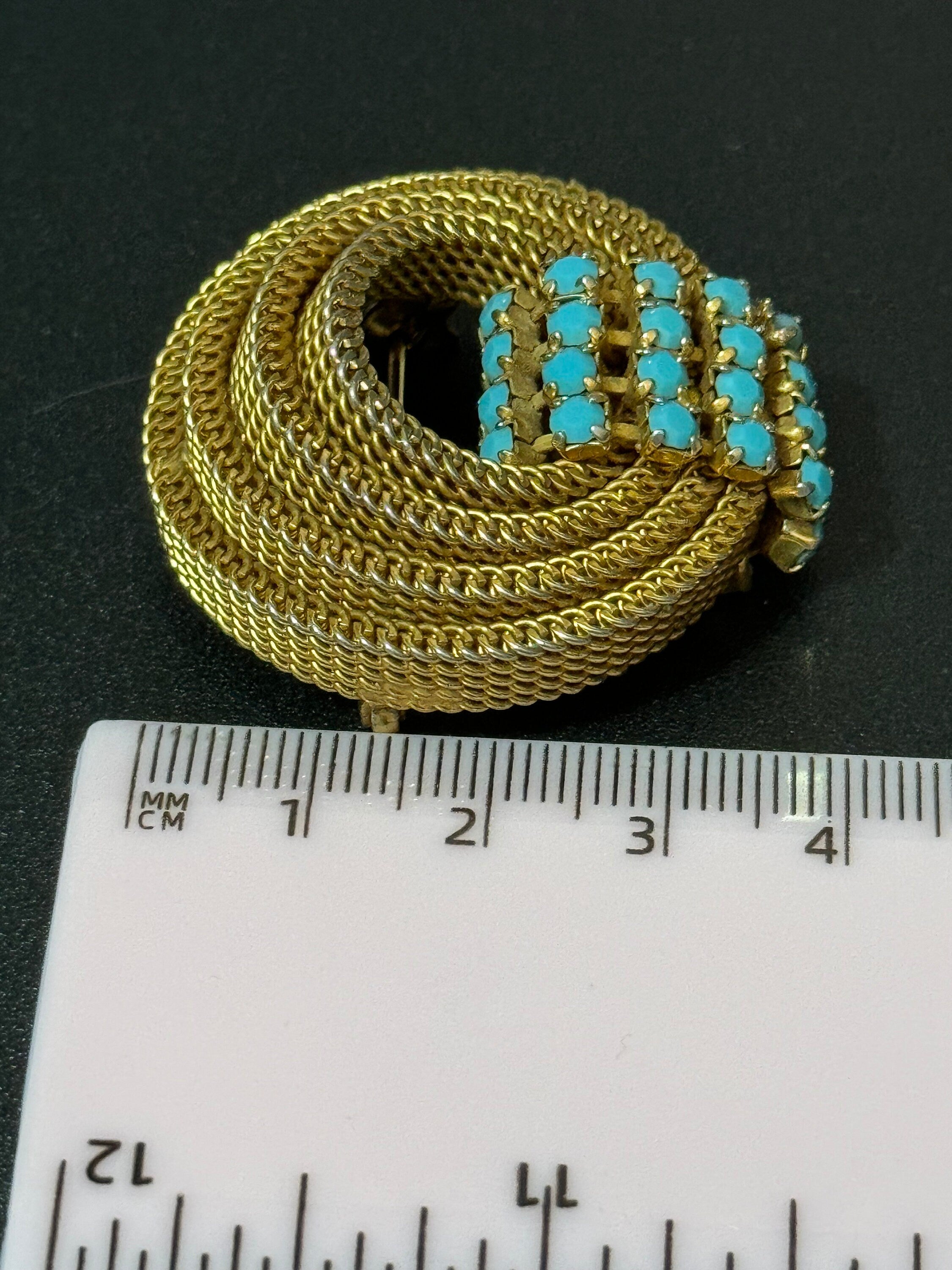 vintage modernist mid century gold tone mesh turquoise beaded abstract swirl round knot brooch 4cm 1960s 1970s