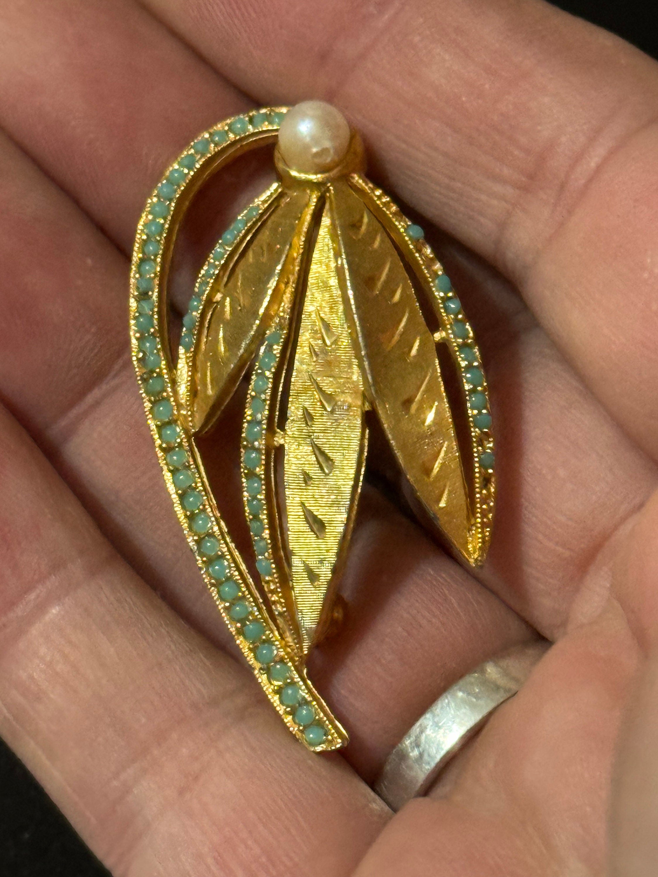 vintage modernist gold tone turquoise nano beaded abstract floral snowdrop brooch