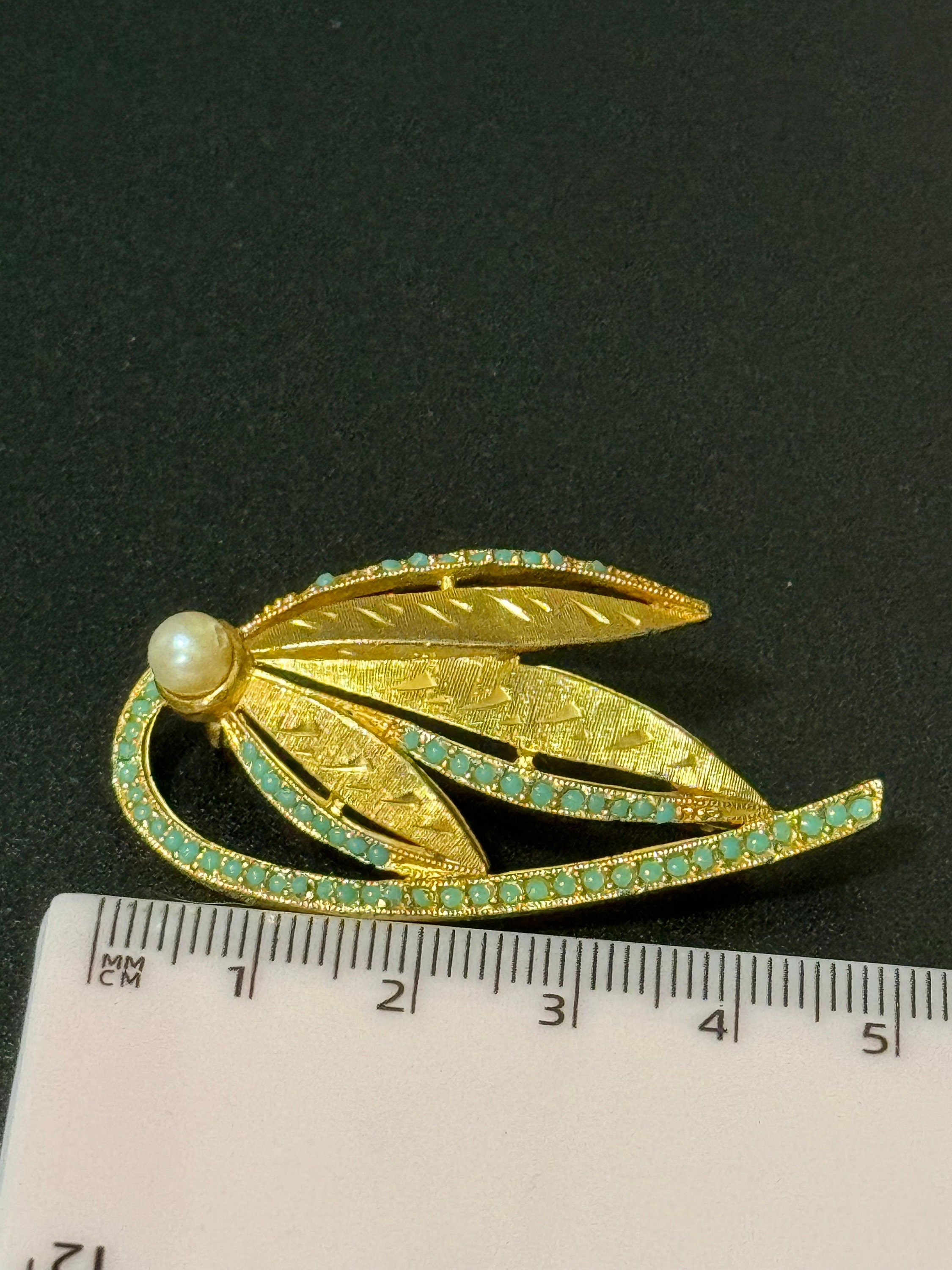 vintage modernist gold tone turquoise nano beaded abstract floral snowdrop brooch