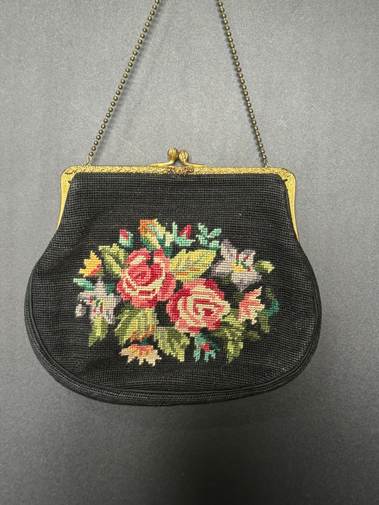 Vintage Retro Black Pink Green Tapestry Embroidered Thread work Handbag evening Dance Purse 1940s
