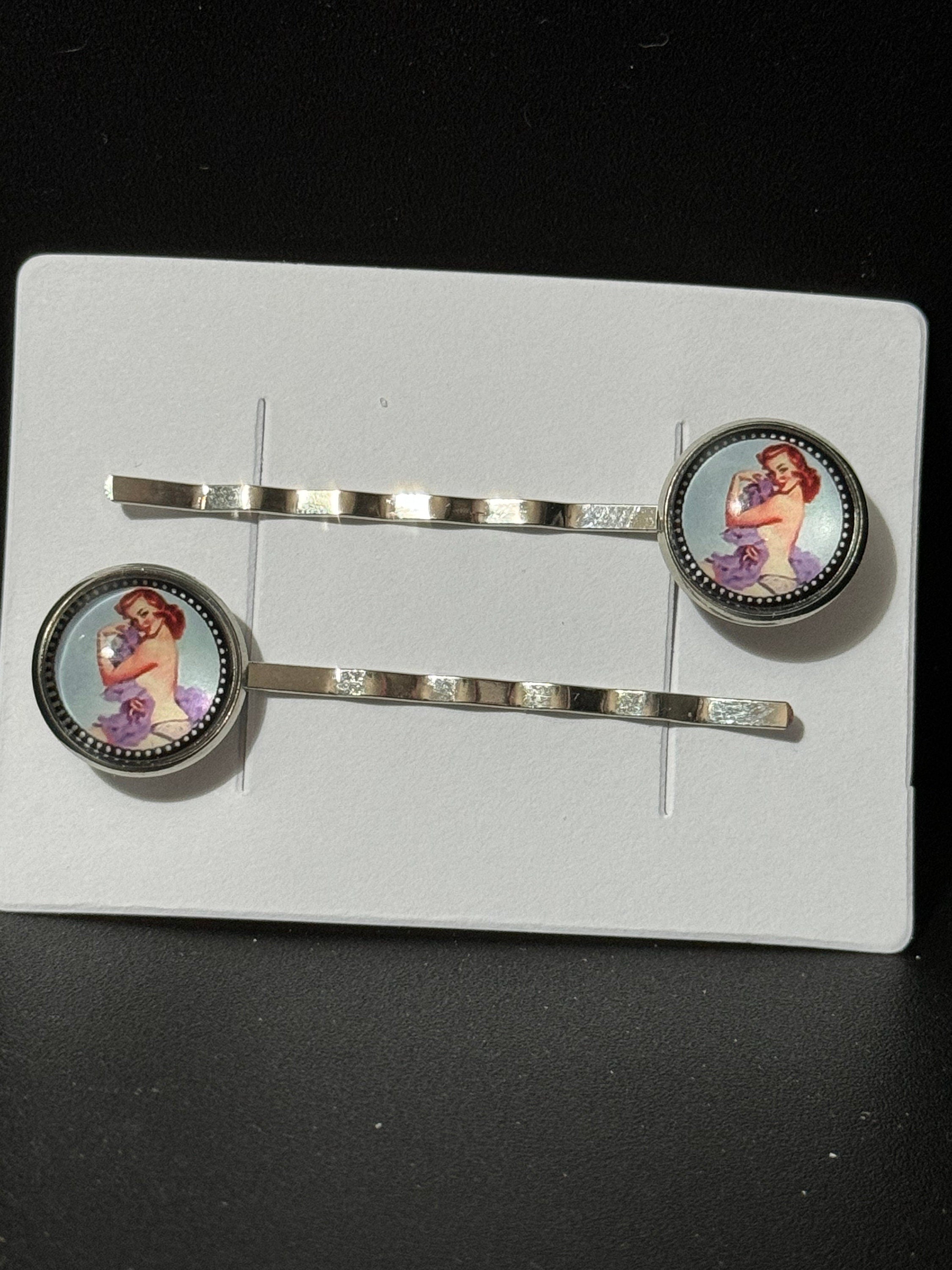 Vintage Hollywood Pin Up Girl Hair Clips: Silver Tone Hair Slides