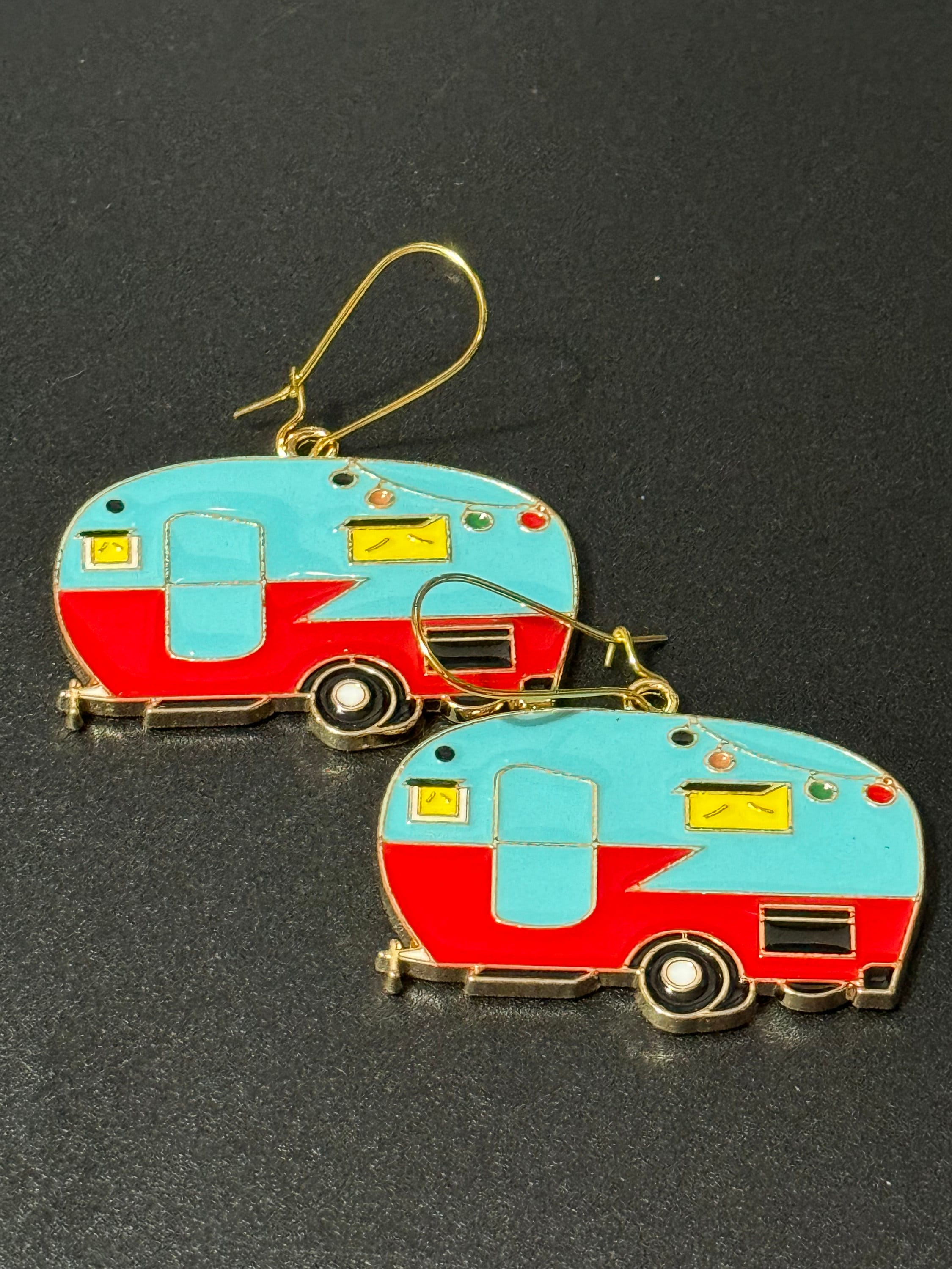 Oversized big novelty blue and red enamel vintage Caravan drop earrings gold tone