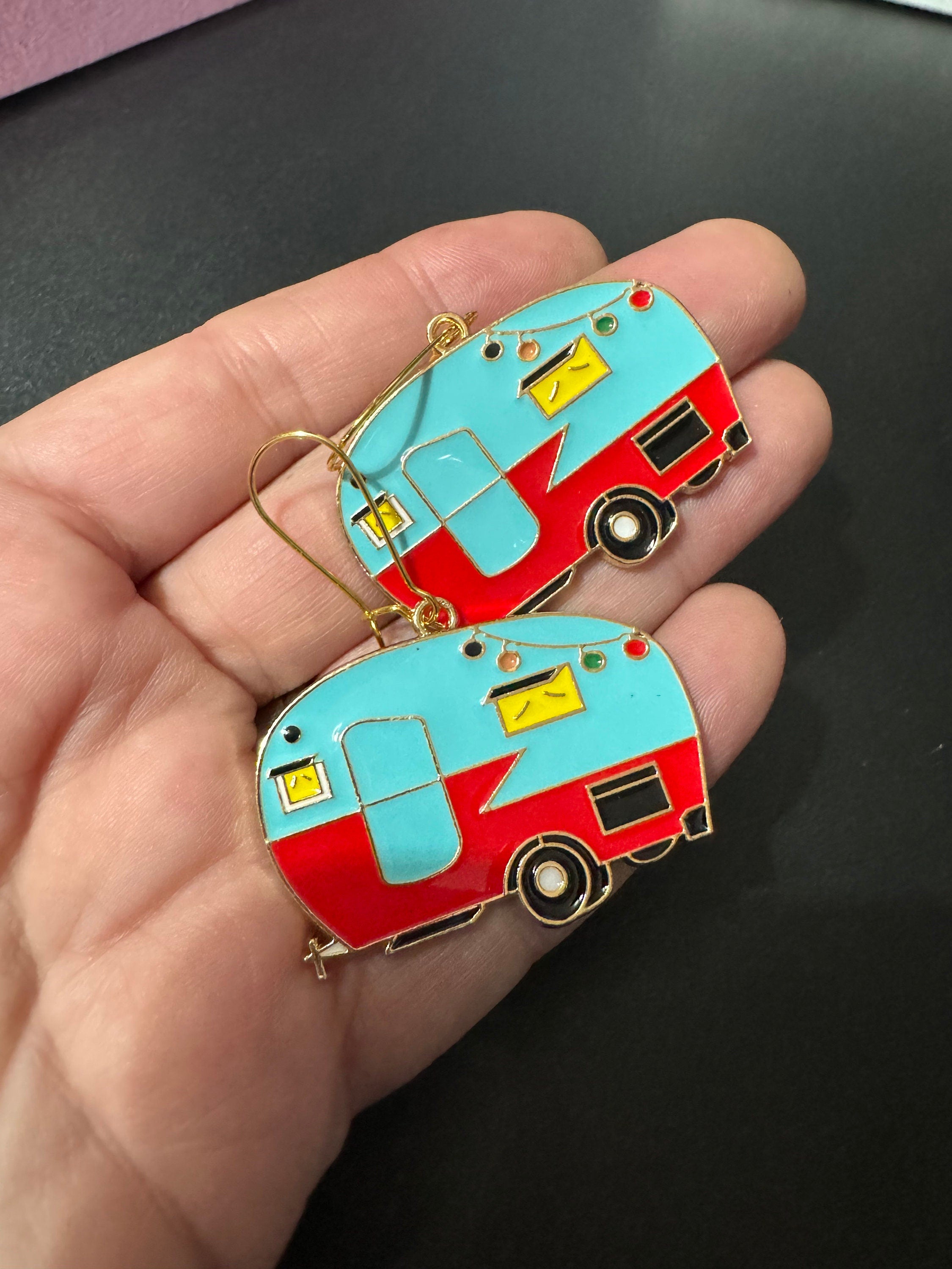 Oversized big novelty blue and red enamel vintage Caravan drop earrings gold tone