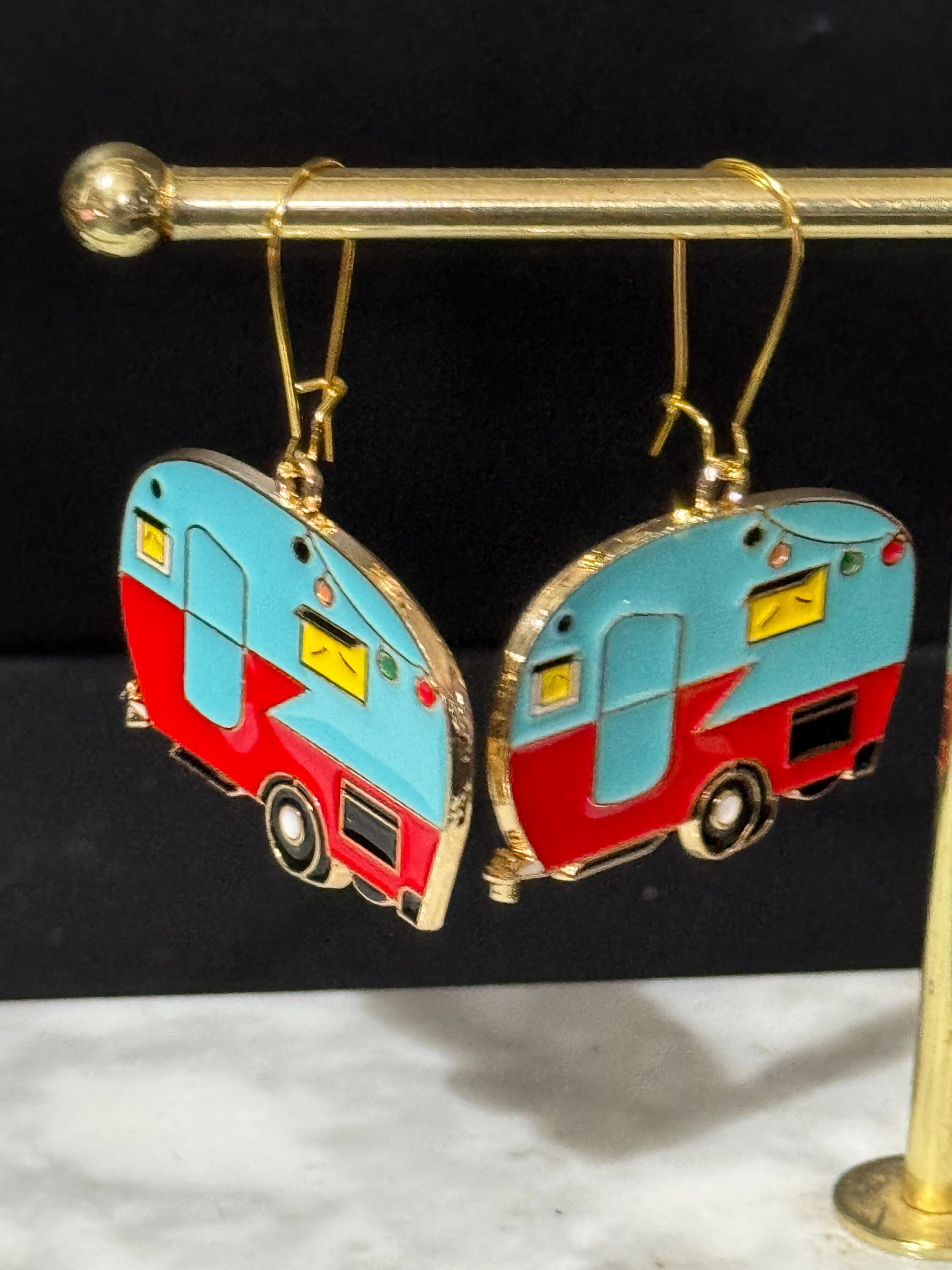 Oversized big novelty blue and red enamel vintage Caravan drop earrings gold tone