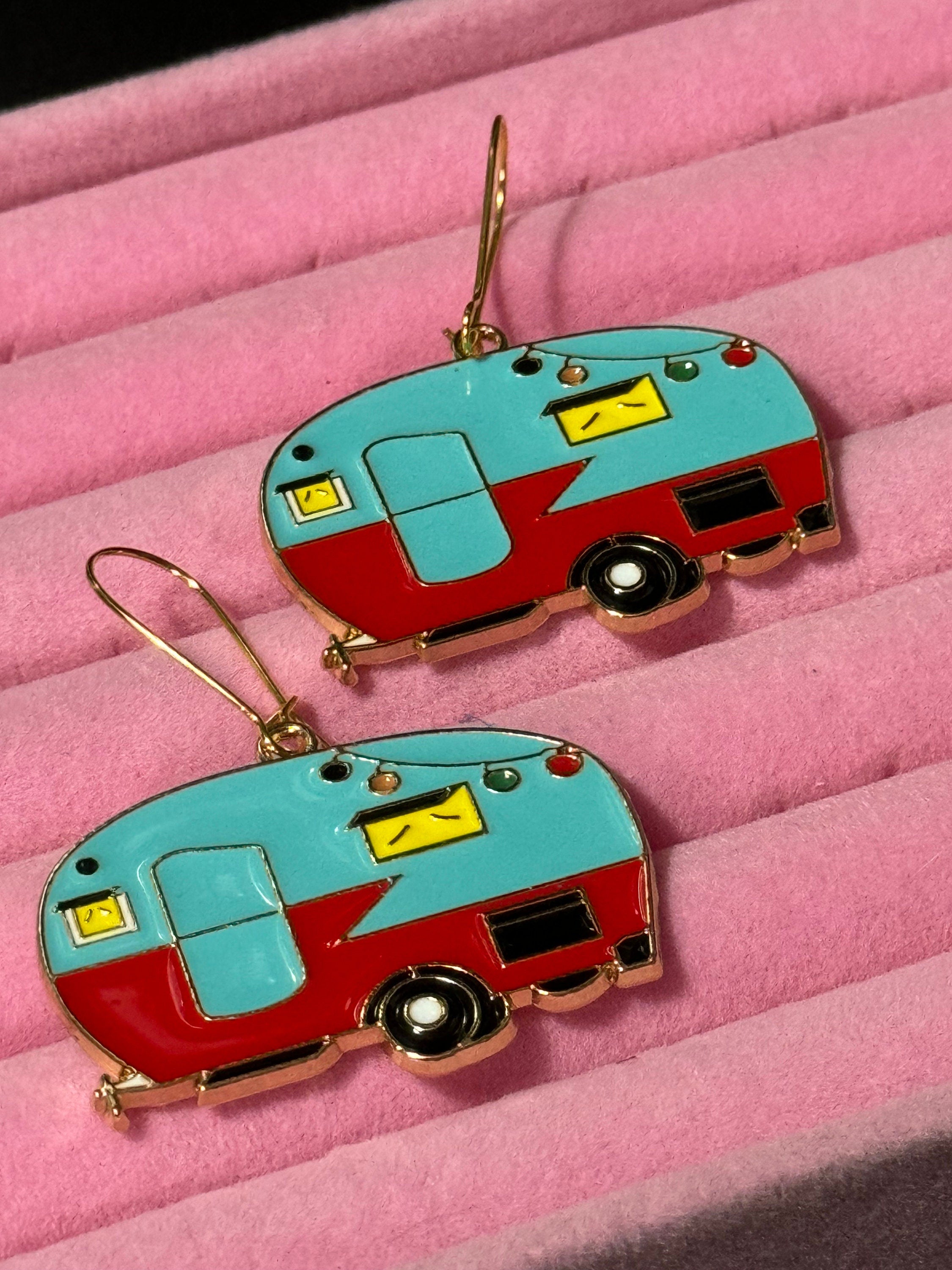 Oversized big novelty blue and red enamel vintage Caravan drop earrings gold tone