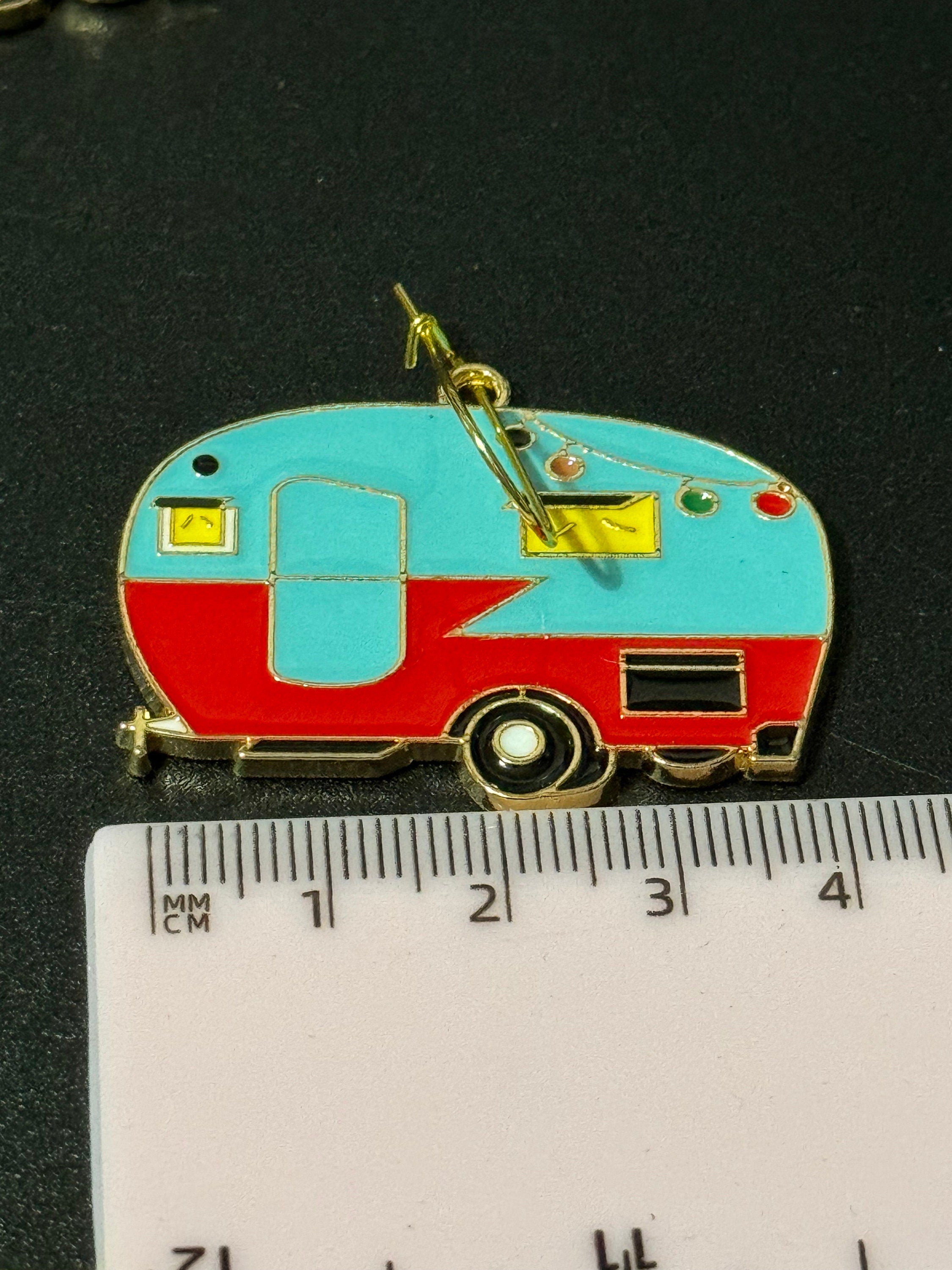 Oversized big novelty blue and red enamel vintage Caravan drop earrings gold tone