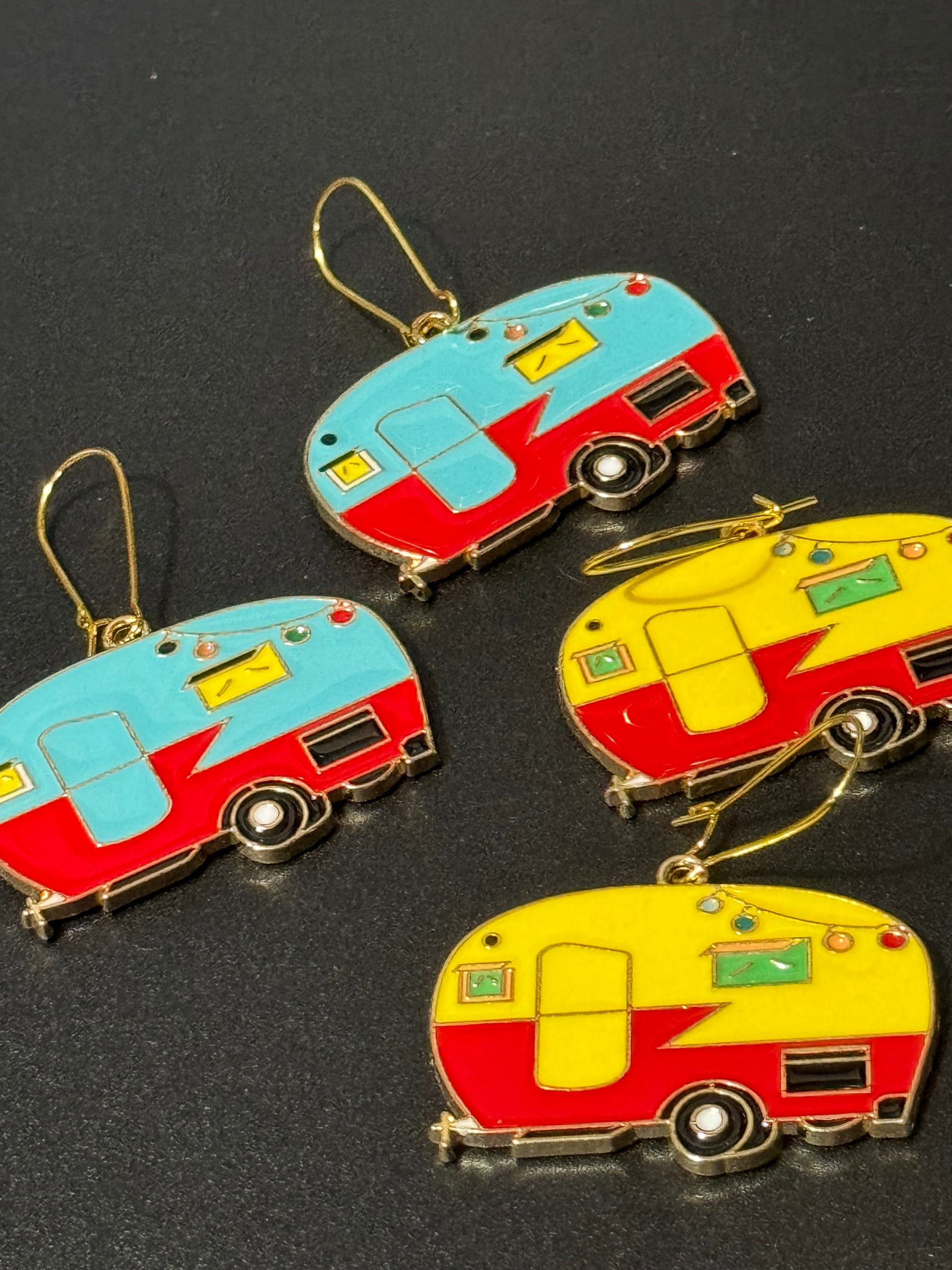 Oversized big novelty blue and red enamel vintage Caravan drop earrings gold tone