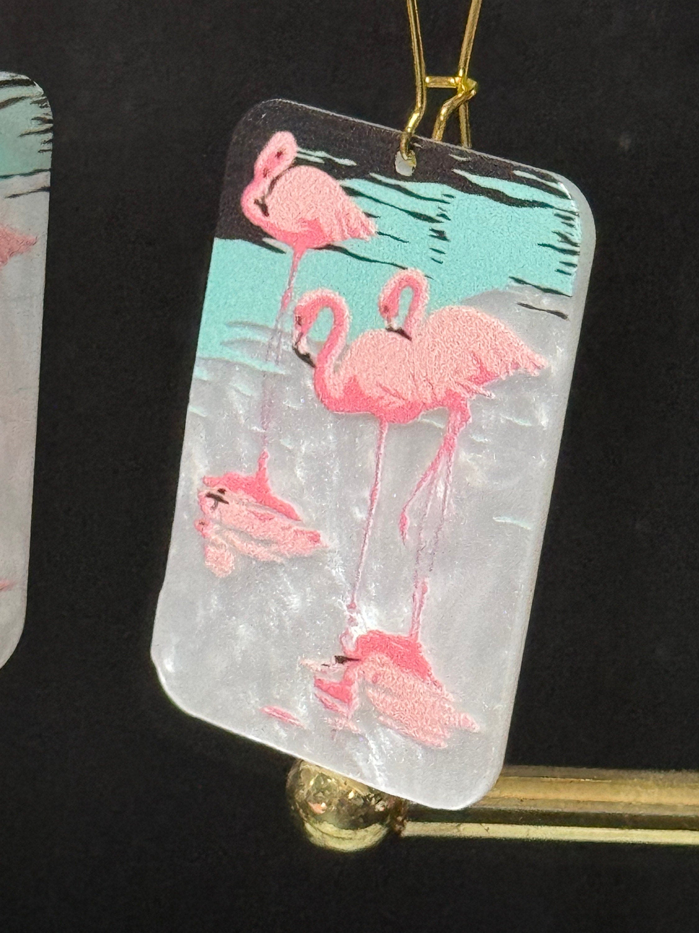 Oversized novelty Bright Pink large pearl Acrylic panel Flamingo drop earrings