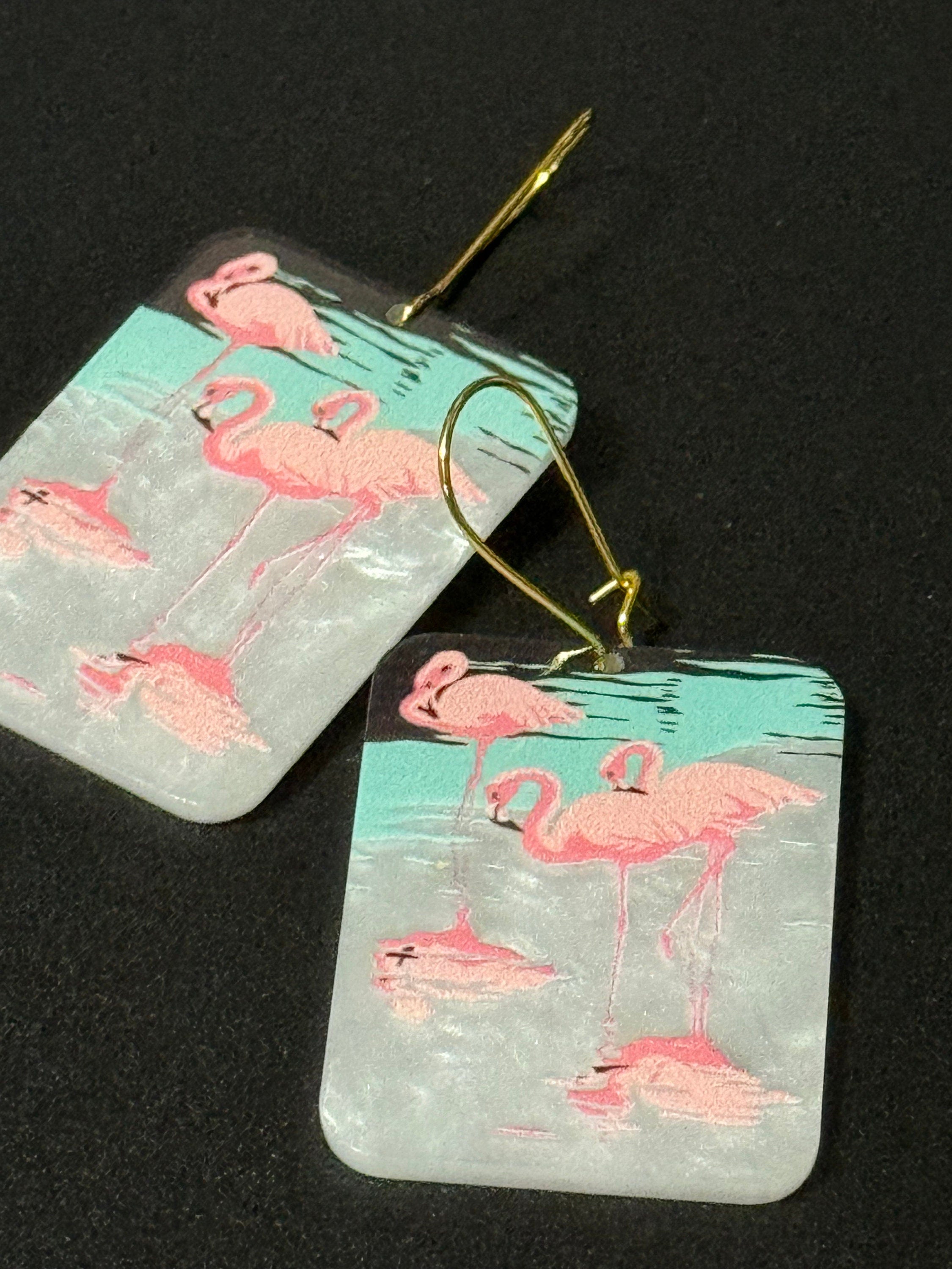 Oversized novelty Bright Pink large pearl Acrylic panel Flamingo drop earrings