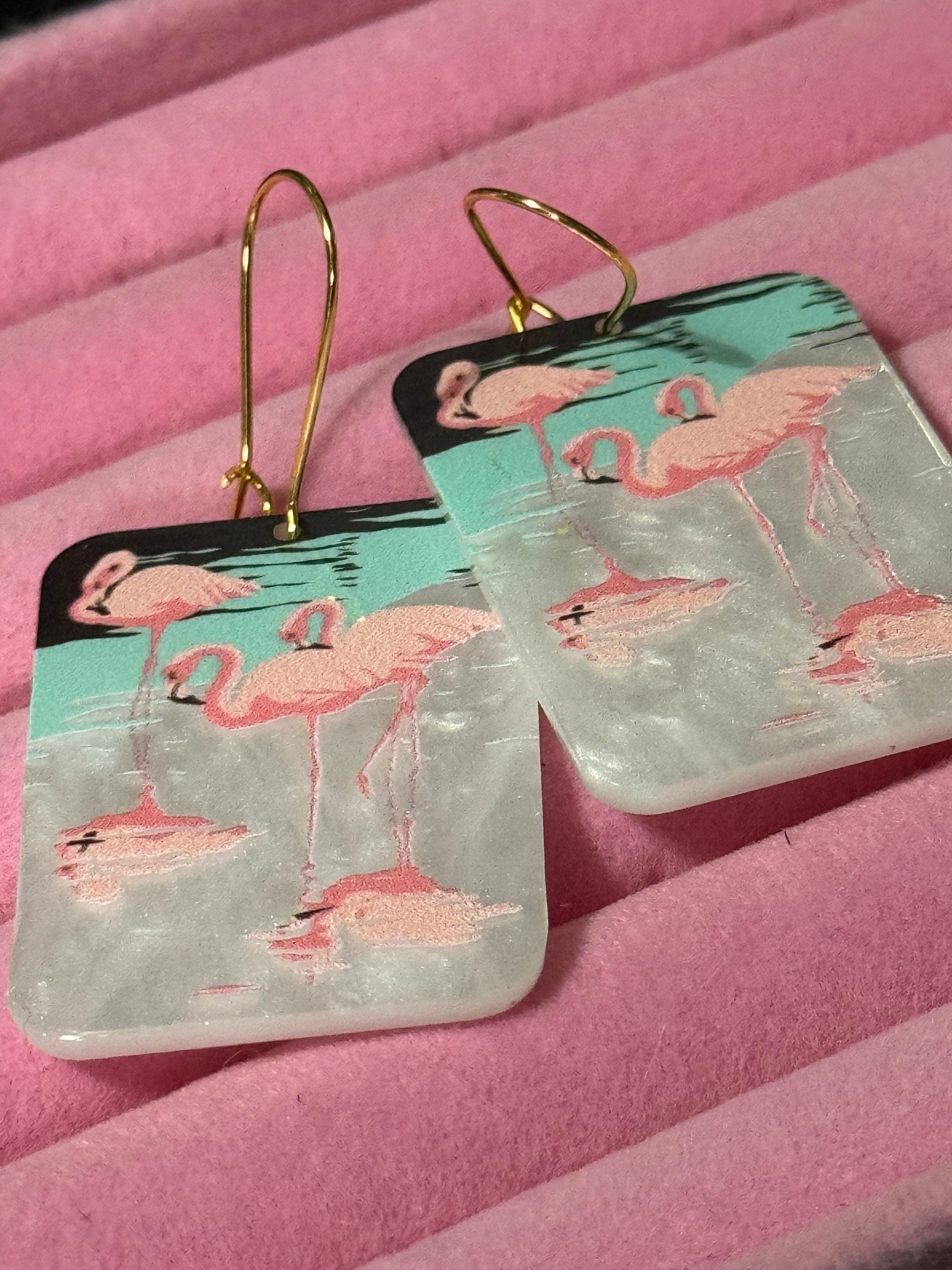 Oversized novelty Bright Pink large pearl Acrylic panel Flamingo drop earrings