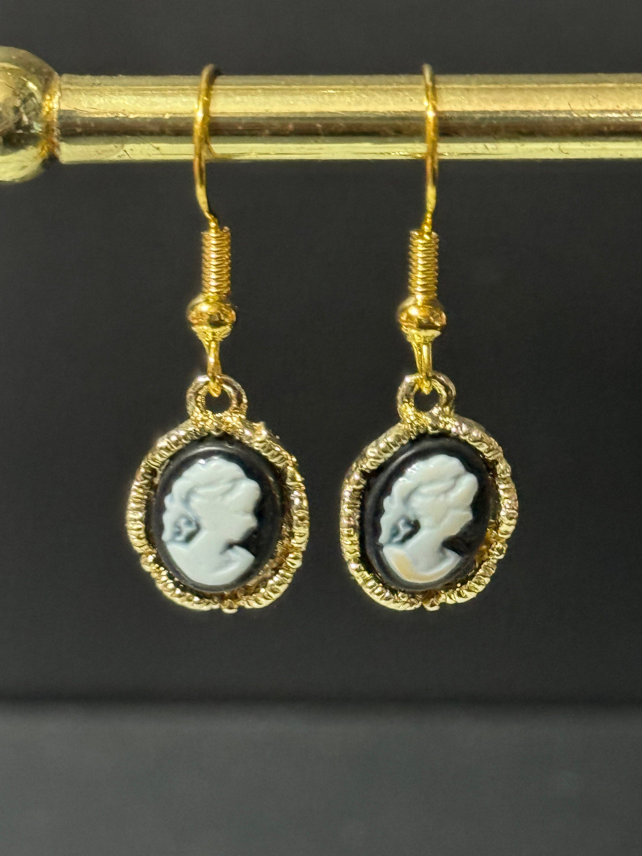 gold tone small black and white CAMEO drop earrings