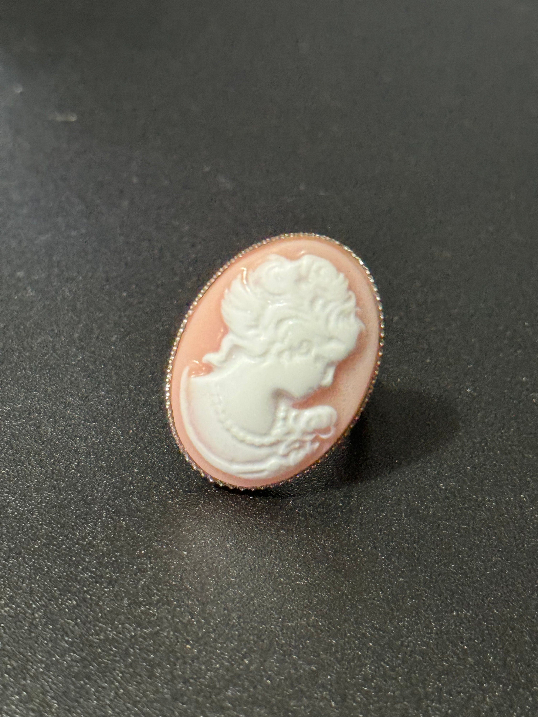 Pink resin cameo lady ring adjustable non tarnish stainless steel
